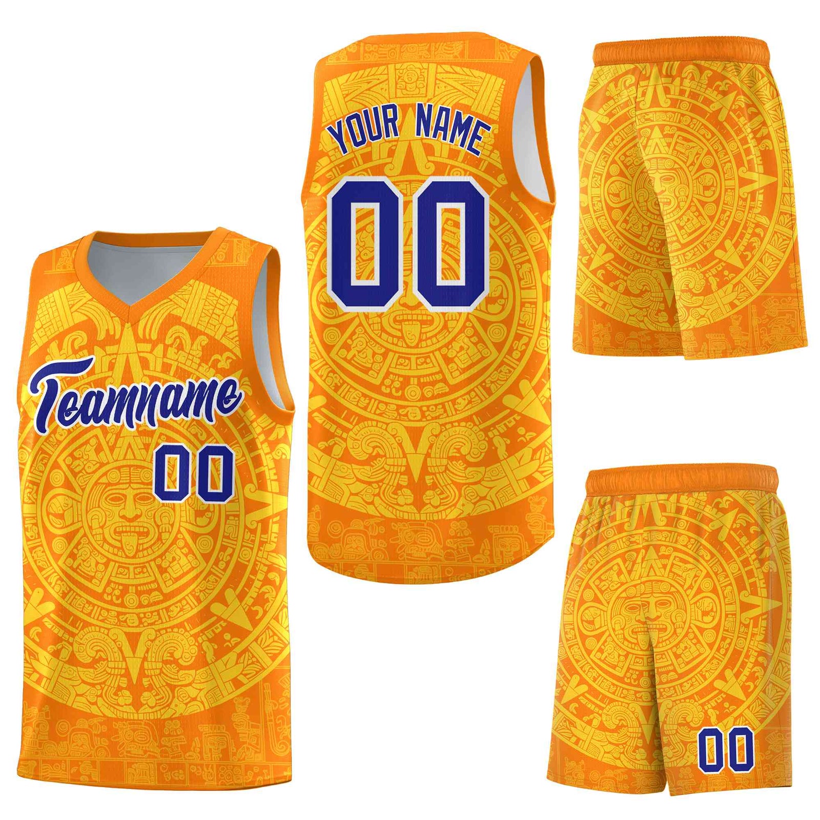Custom Orange Gold Aztec Sun Stone Graffiti Pattern Lightweight Uniform Basketball Jersey