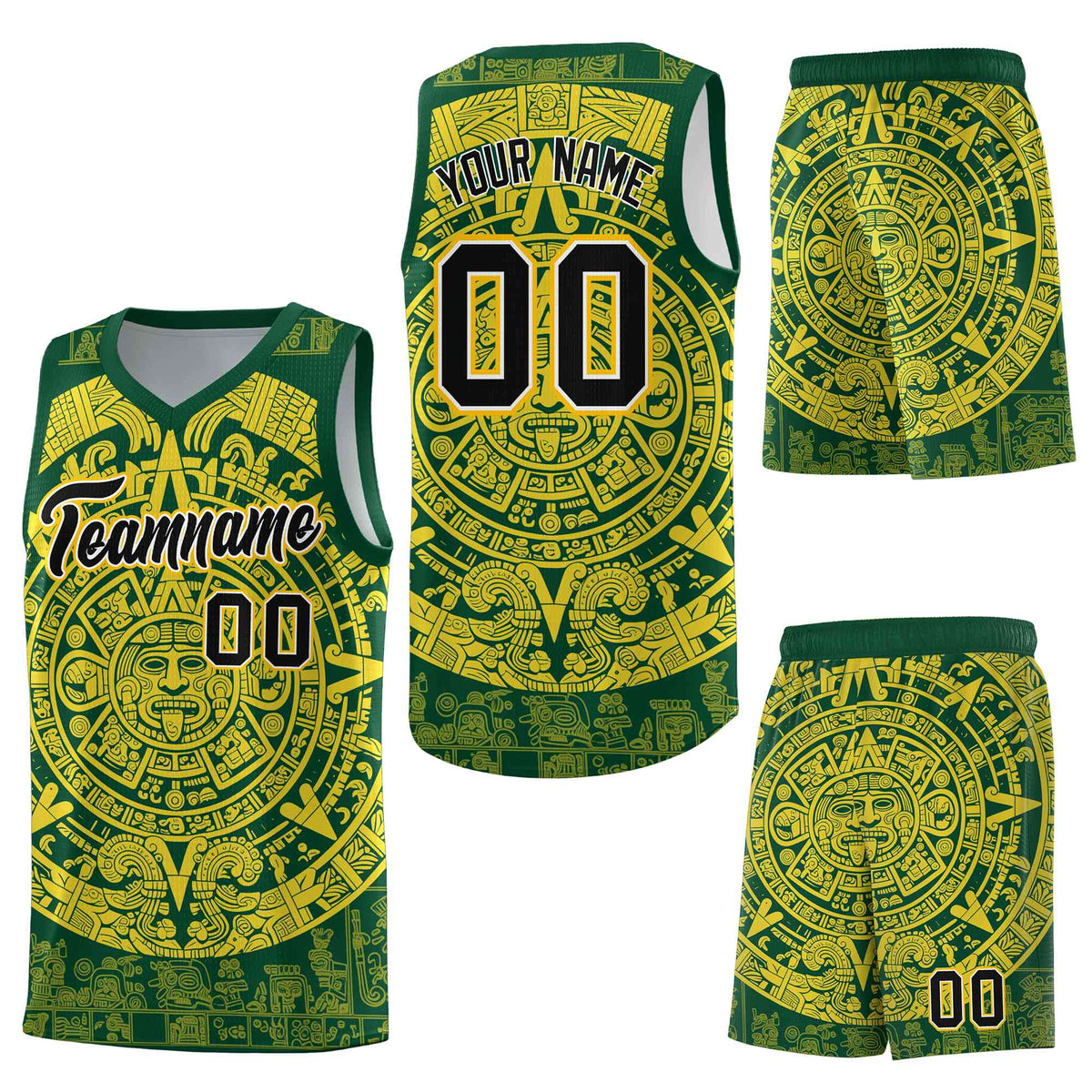 Custom Green Gold Aztec Sun Stone Graffiti Pattern Quick-Drying Uniform Basketball Jersey