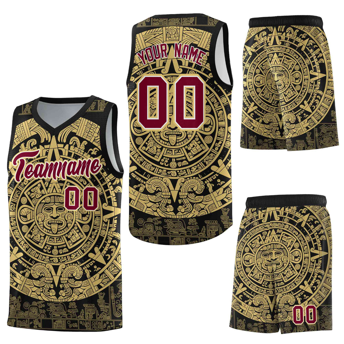 Custom Black Old Gold Aztec Sun Stone Graffiti Pattern Lightweight Uniform Basketball Jersey