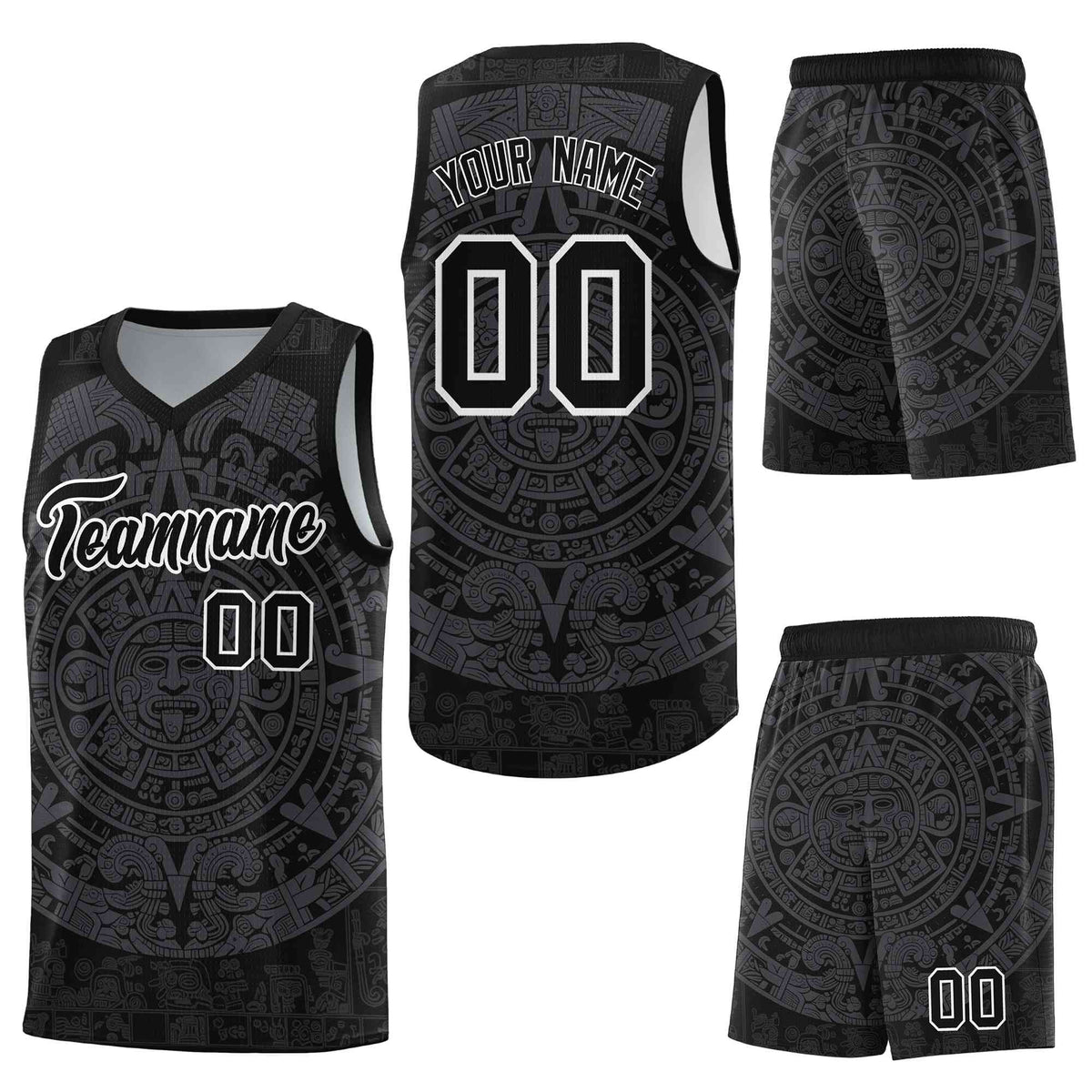 Custom Black Gray Aztec Sun Stone Graffiti Pattern Wrinkle-Resistant Uniform Basketball Jersey