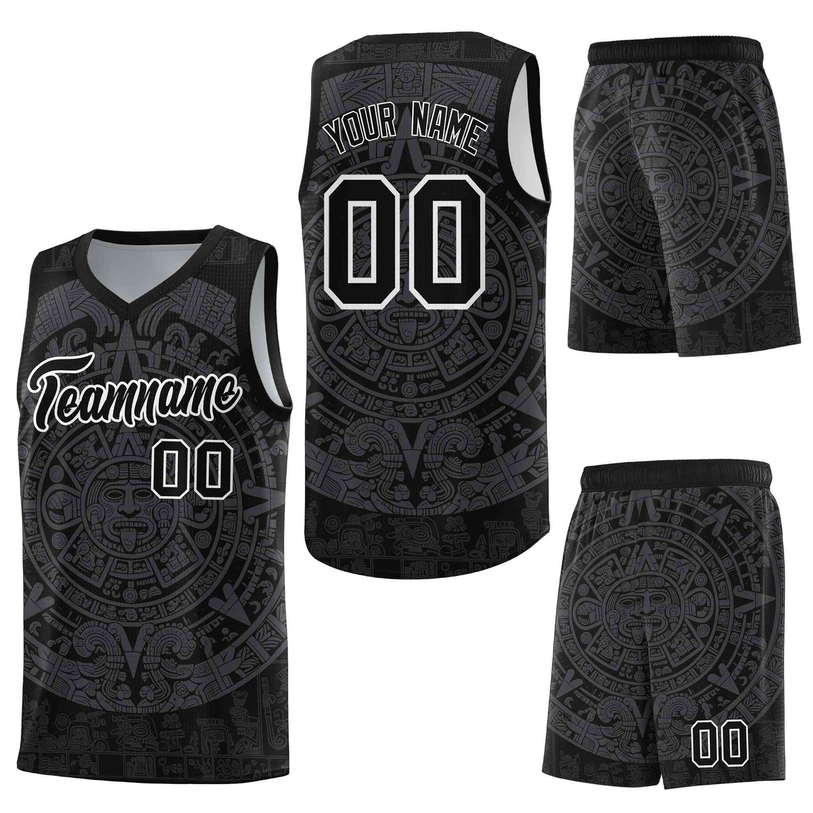 Custom Black Gray Aztec Sun Stone Graffiti Pattern Wrinkle-Resistant Uniform Basketball Jersey