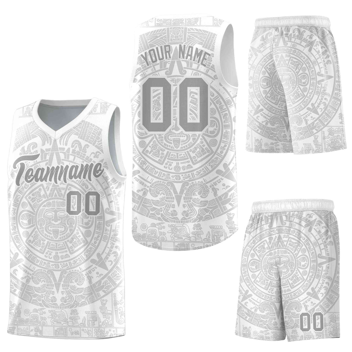 Custom White Gray Aztec Sun Stone Graffiti Pattern Drapable Uniform Basketball Jersey