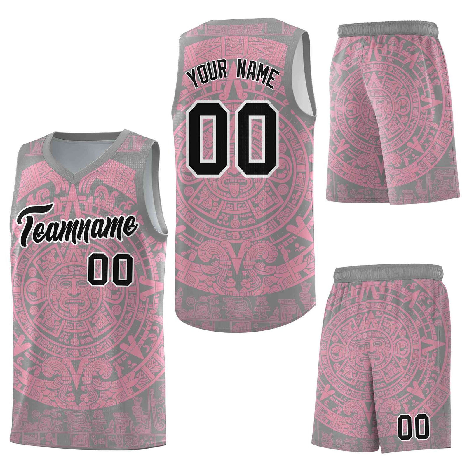 Custom Gray Light Pink Aztec Sun Stone Graffiti Pattern Breathable Uniform Basketball Jersey