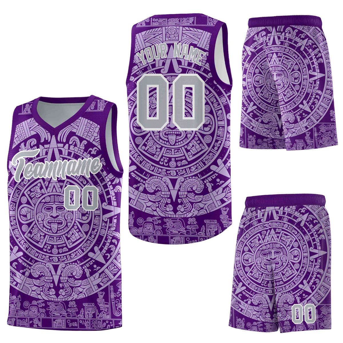 Custom Purple Light Purple Aztec Sun Stone Graffiti Pattern Wrinkle-Resistant Uniform Basketball Jersey