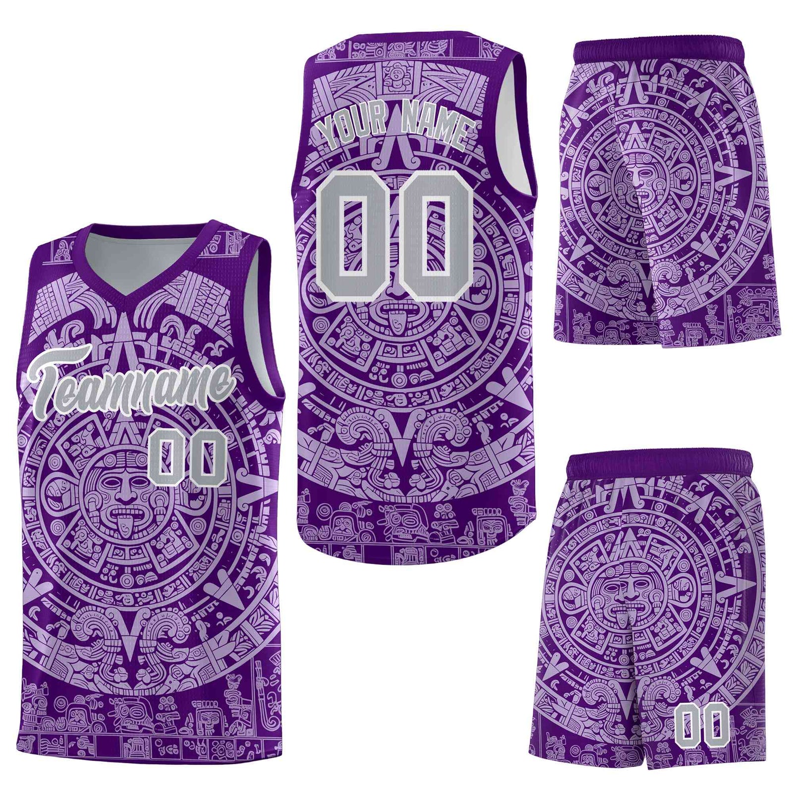 Custom Purple Light Purple Aztec Sun Stone Graffiti Pattern Wrinkle-Resistant Uniform Basketball Jersey