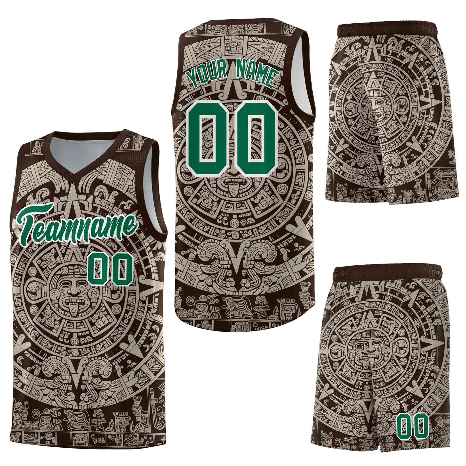 Custom Brown Light Khaki Aztec Sun Stone Graffiti Pattern Drapable Uniform Basketball Jersey