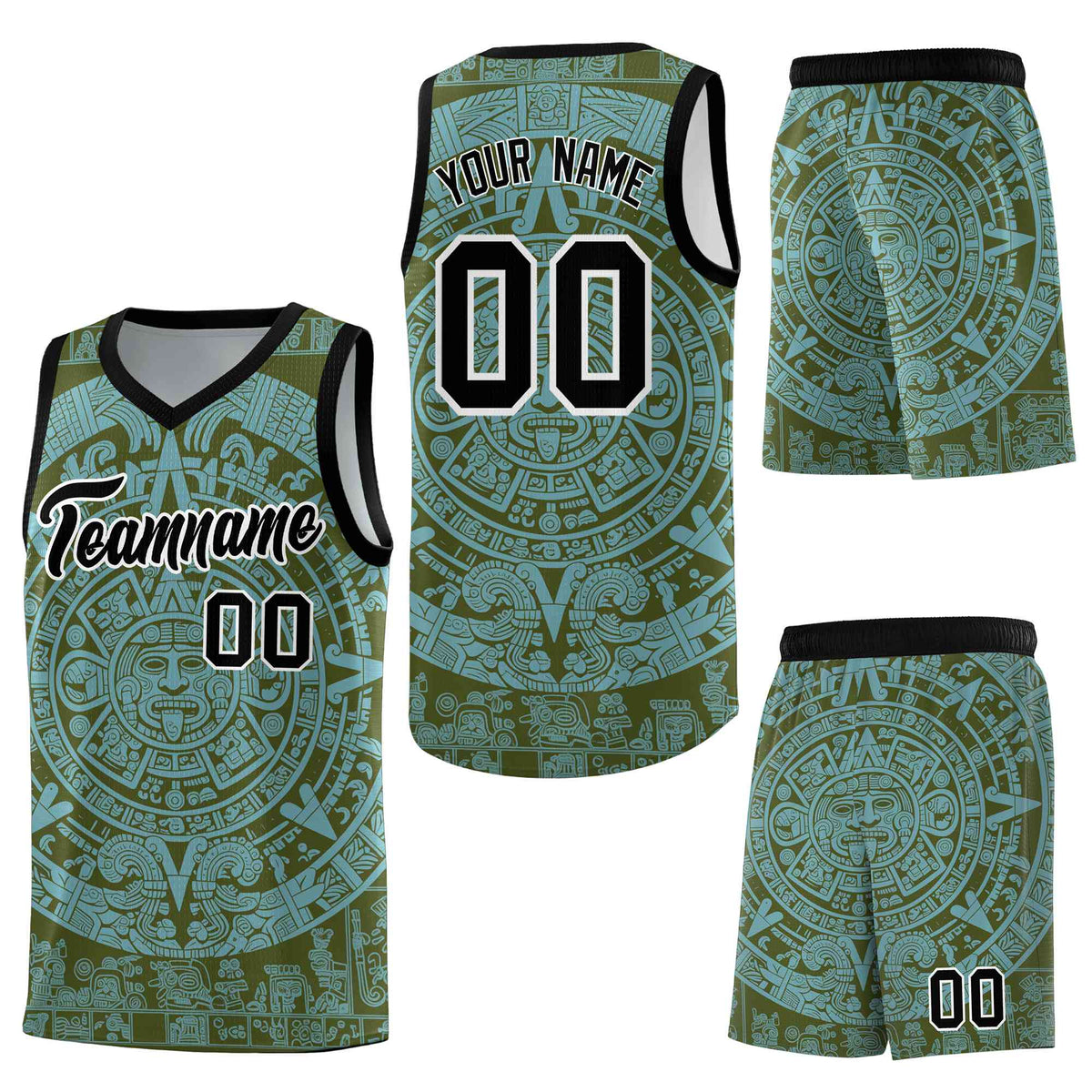 Custom Olive Sky Blue Aztec Sun Stone Graffiti Pattern Breathable Uniform Basketball Jersey