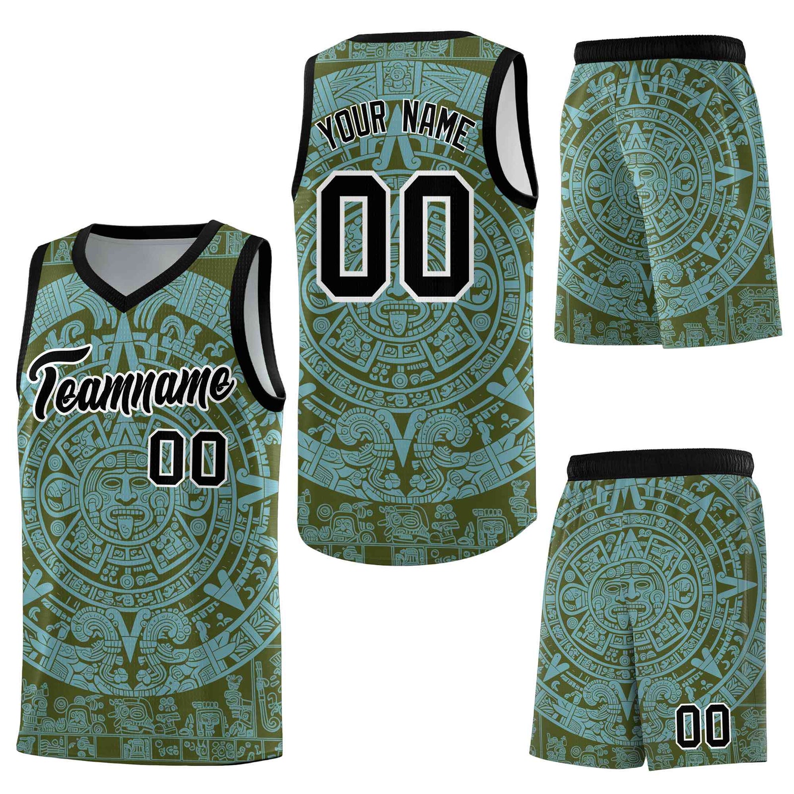 Custom Olive Sky Blue Aztec Sun Stone Graffiti Pattern Breathable Uniform Basketball Jersey