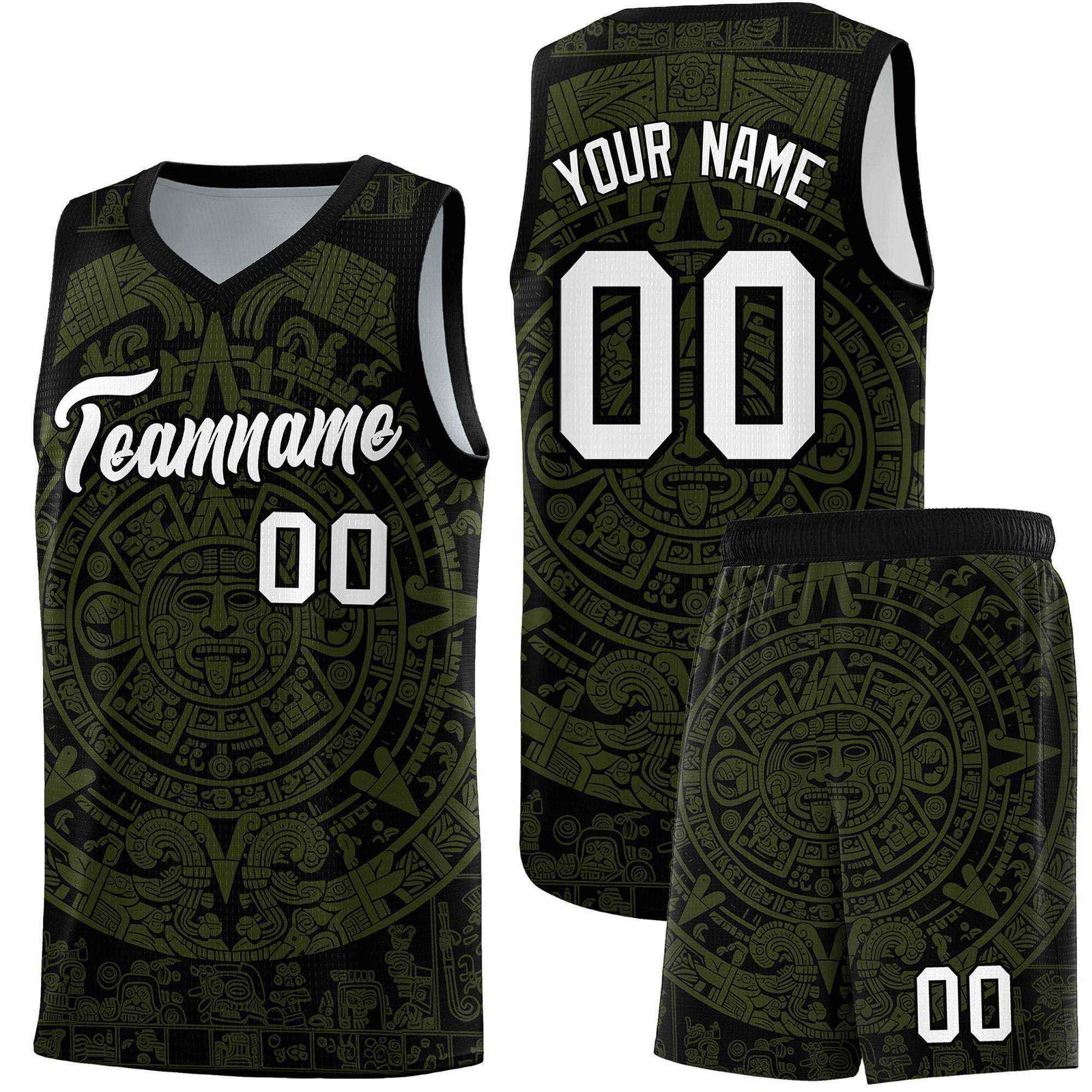 Custom Youth Basketball Jerseys Olive Aztec Sun Stone Pattern Custom Team Set
