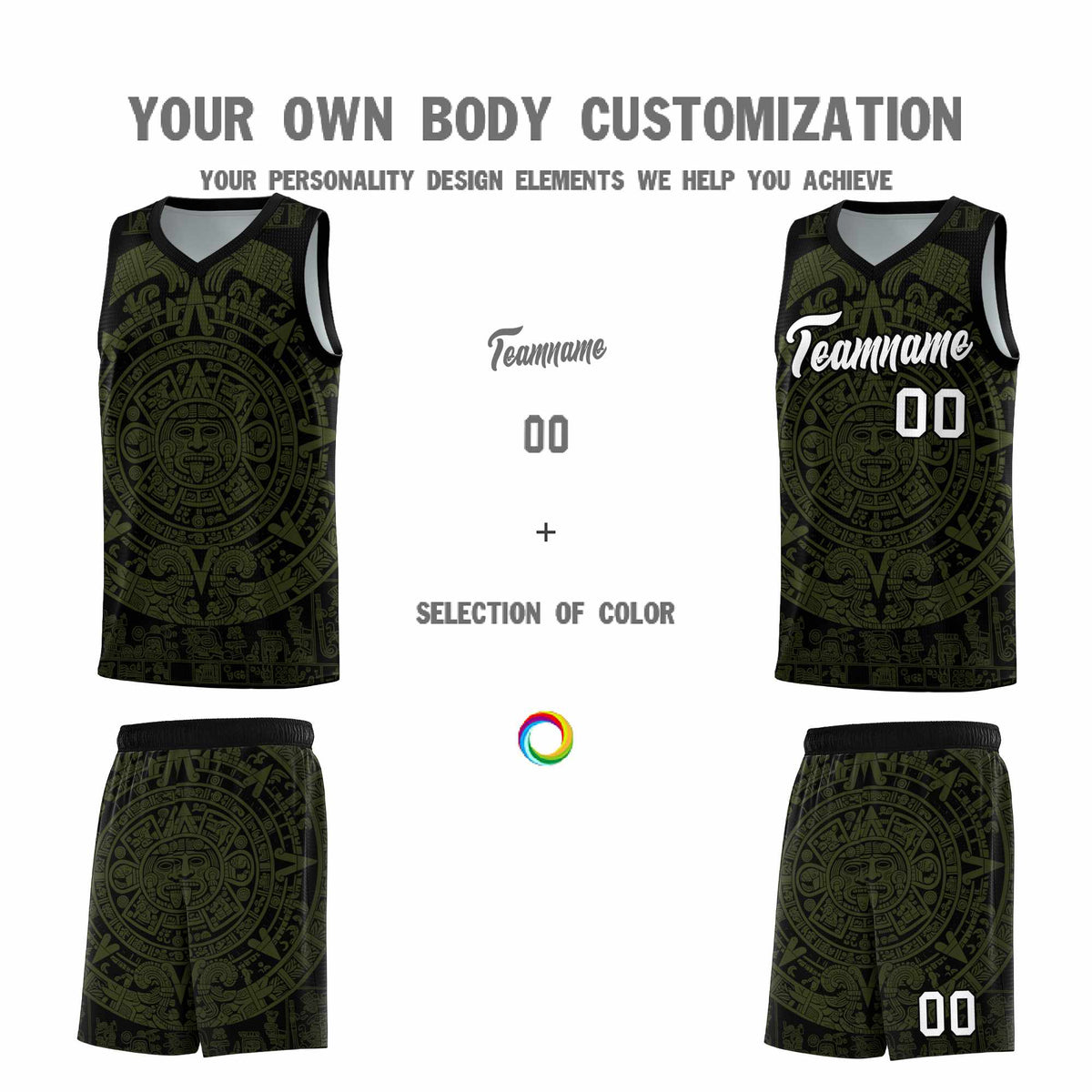 Custom Youth Basketball Jerseys Olive Aztec Sun Stone Pattern Custom Team Set