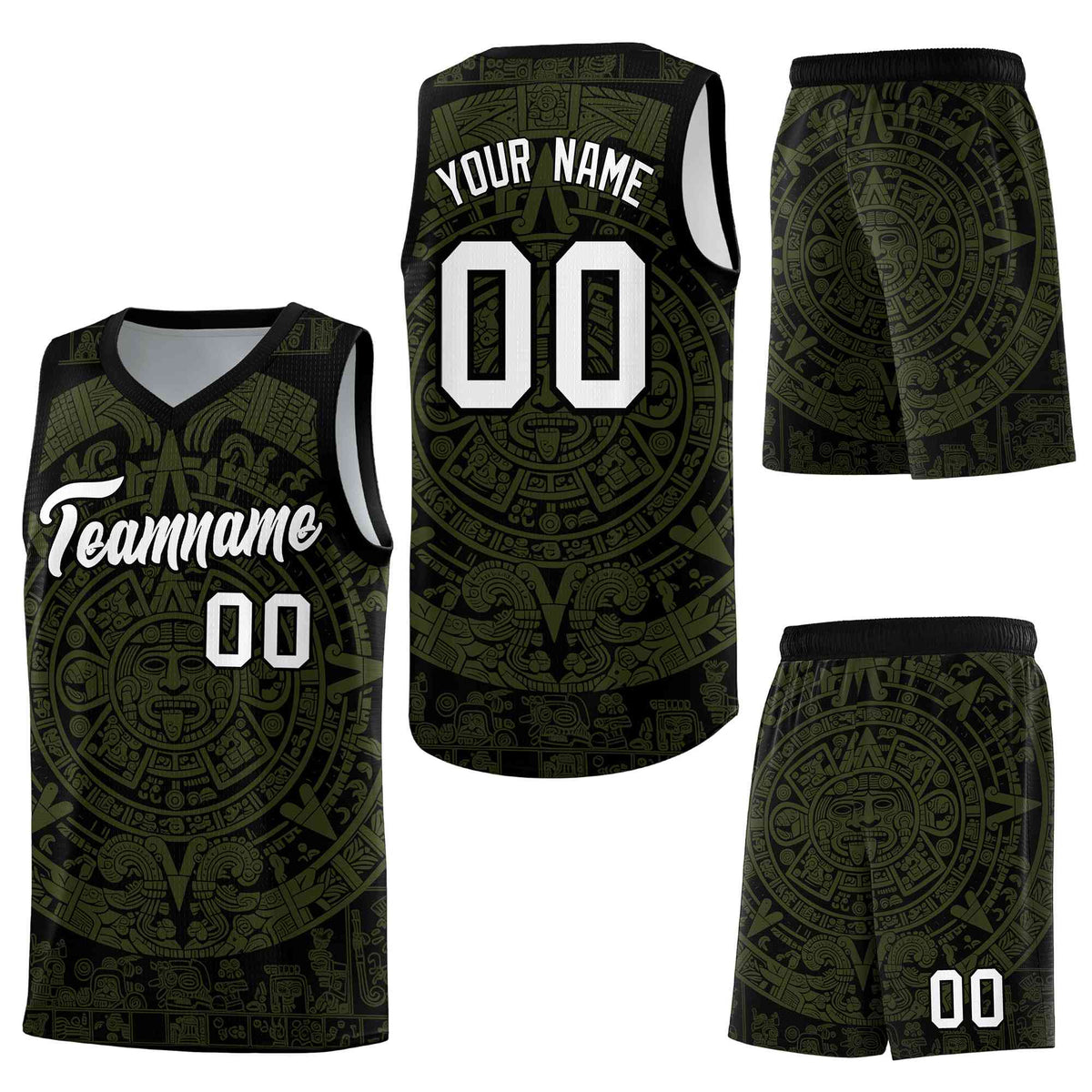 Custom Black Olive Aztec Sun Stone Graffiti Pattern Quick-Drying Uniform Basketball Jersey