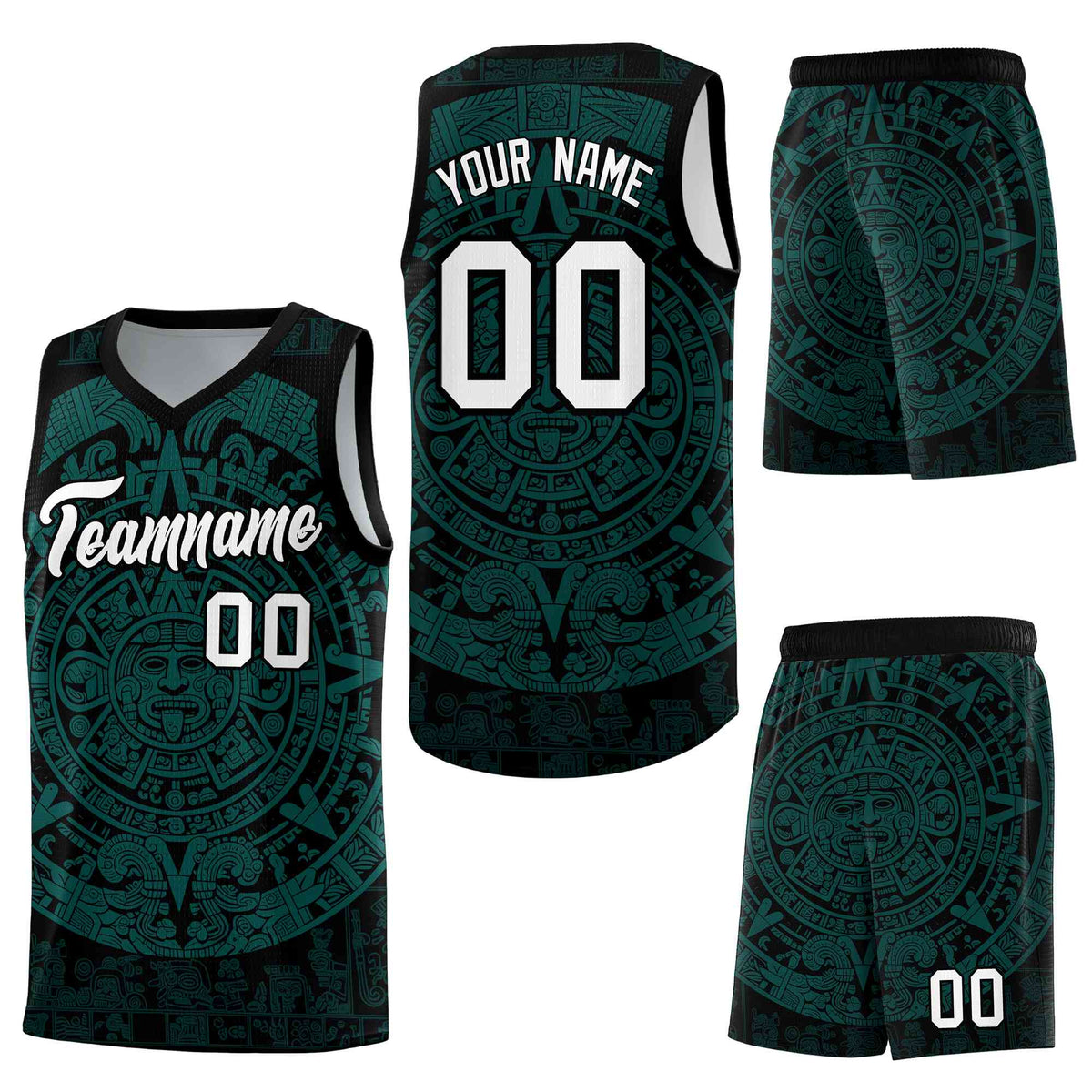 Custom Black Teal Aztec Sun Stone Graffiti Pattern Lightweight Uniform Basketball Jersey