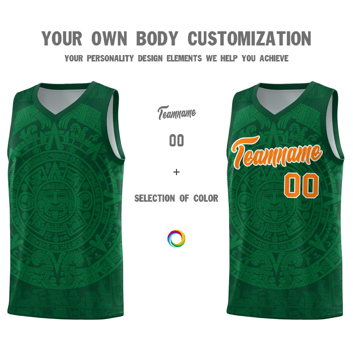 Custom Youth Basketball Jerseys Kelly Green Aztec Sun Stone Personalized Uniform
