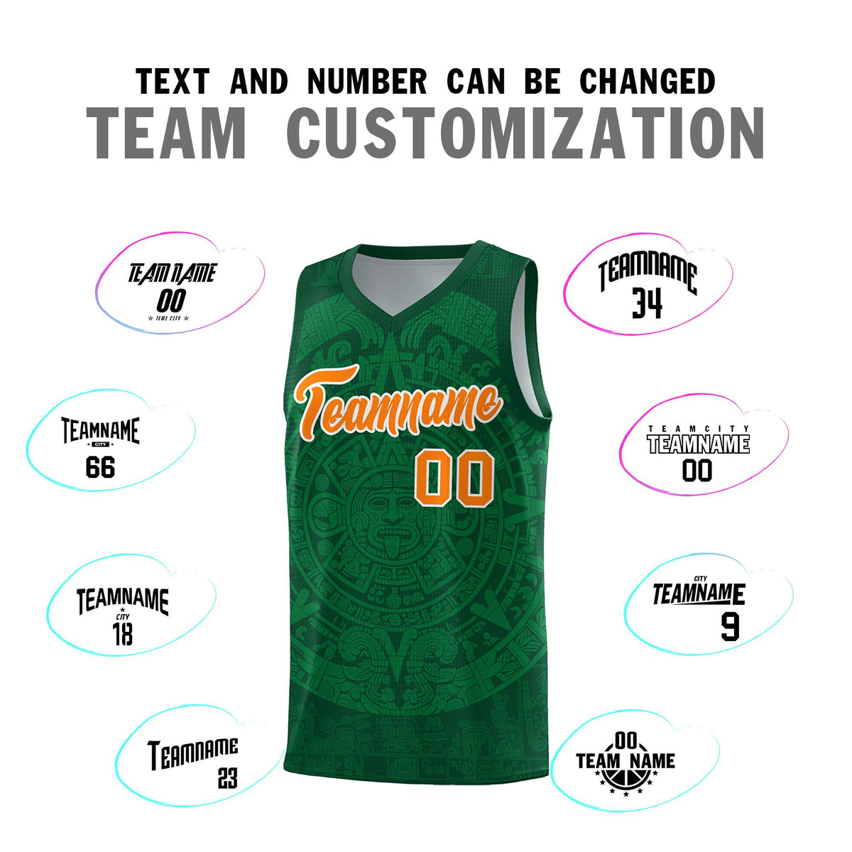 Custom Youth Basketball Jerseys Kelly Green Aztec Sun Stone Personalized Uniform
