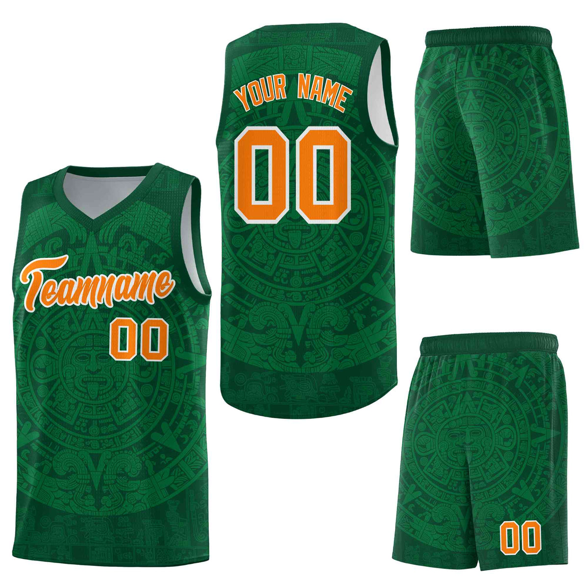 Custom Green Kelly Green Aztec Sun Stone Graffiti Pattern Wrinkle-Resistant Uniform Basketball Jersey
