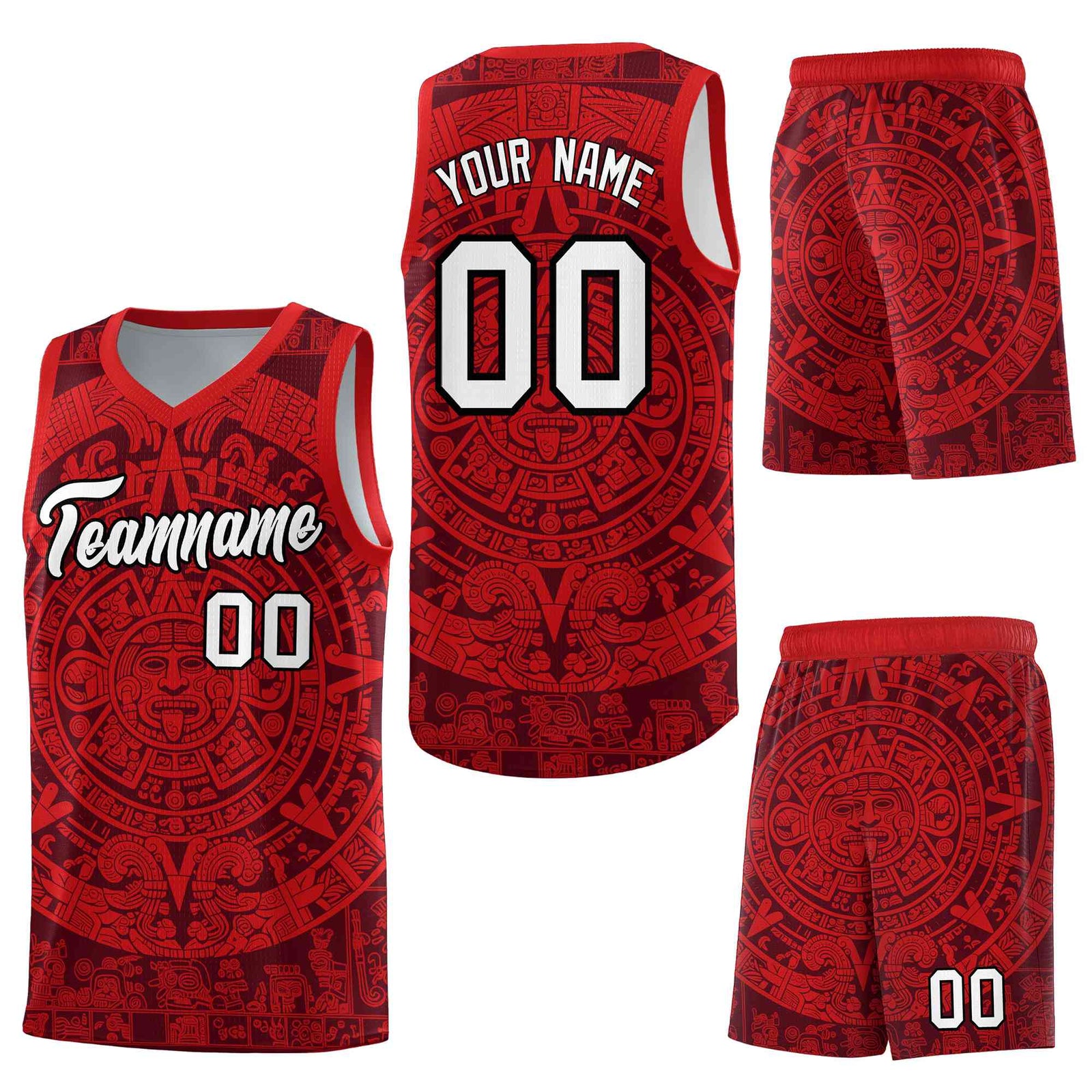Custom Crimson Red Aztec Sun Stone Graffiti Pattern Drapable Uniform Basketball Jersey