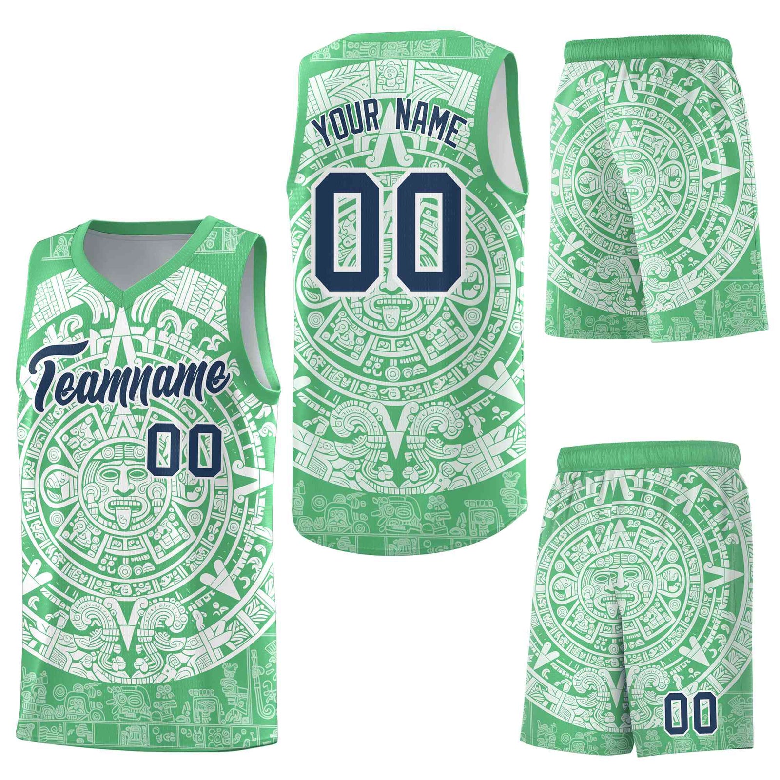 Custom Green White Aztec Sun Stone Graffiti Pattern Breathable Uniform Basketball Jersey