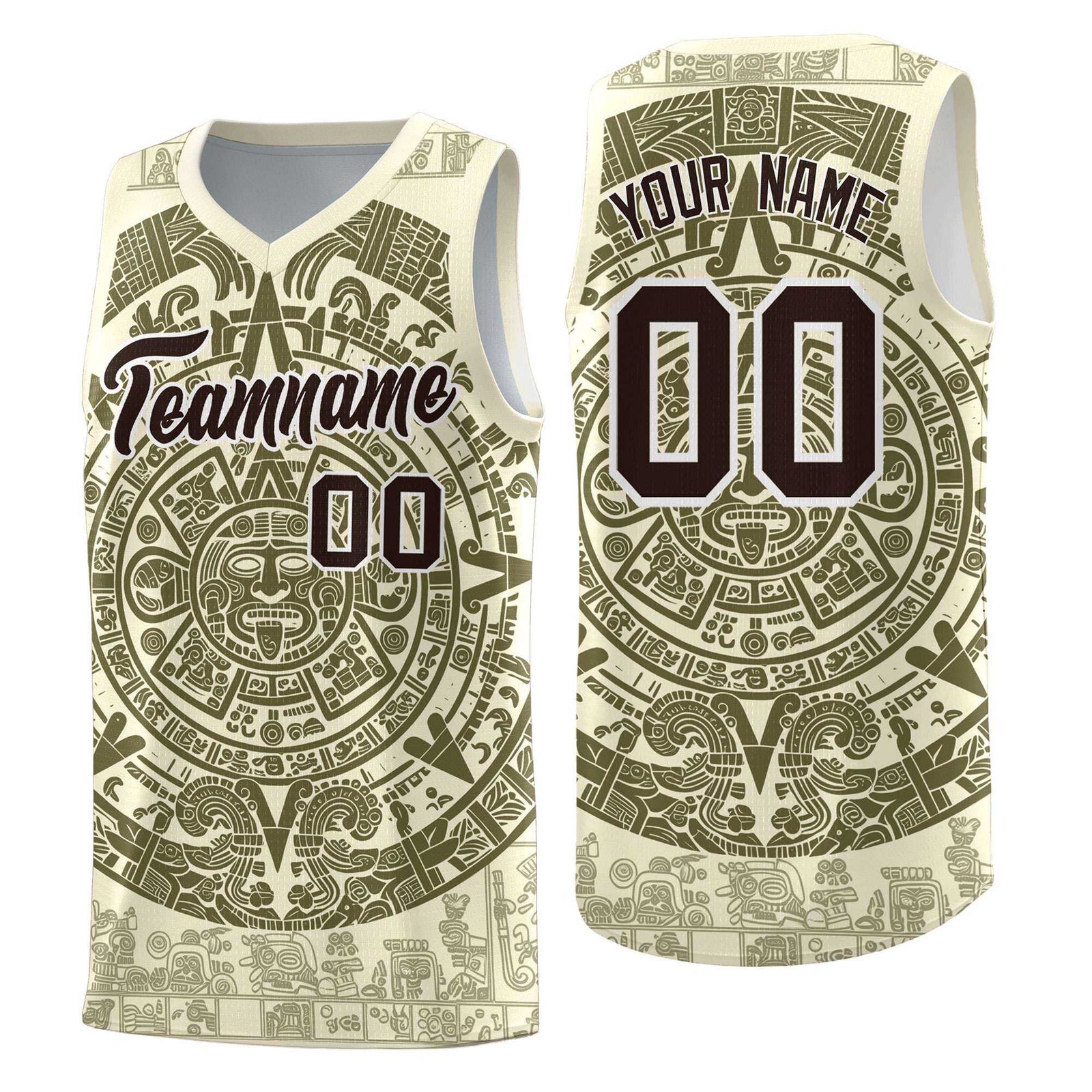 Custom Youth Basketball Jerseys Olive Aztec Sun Stone Personalized Uniform