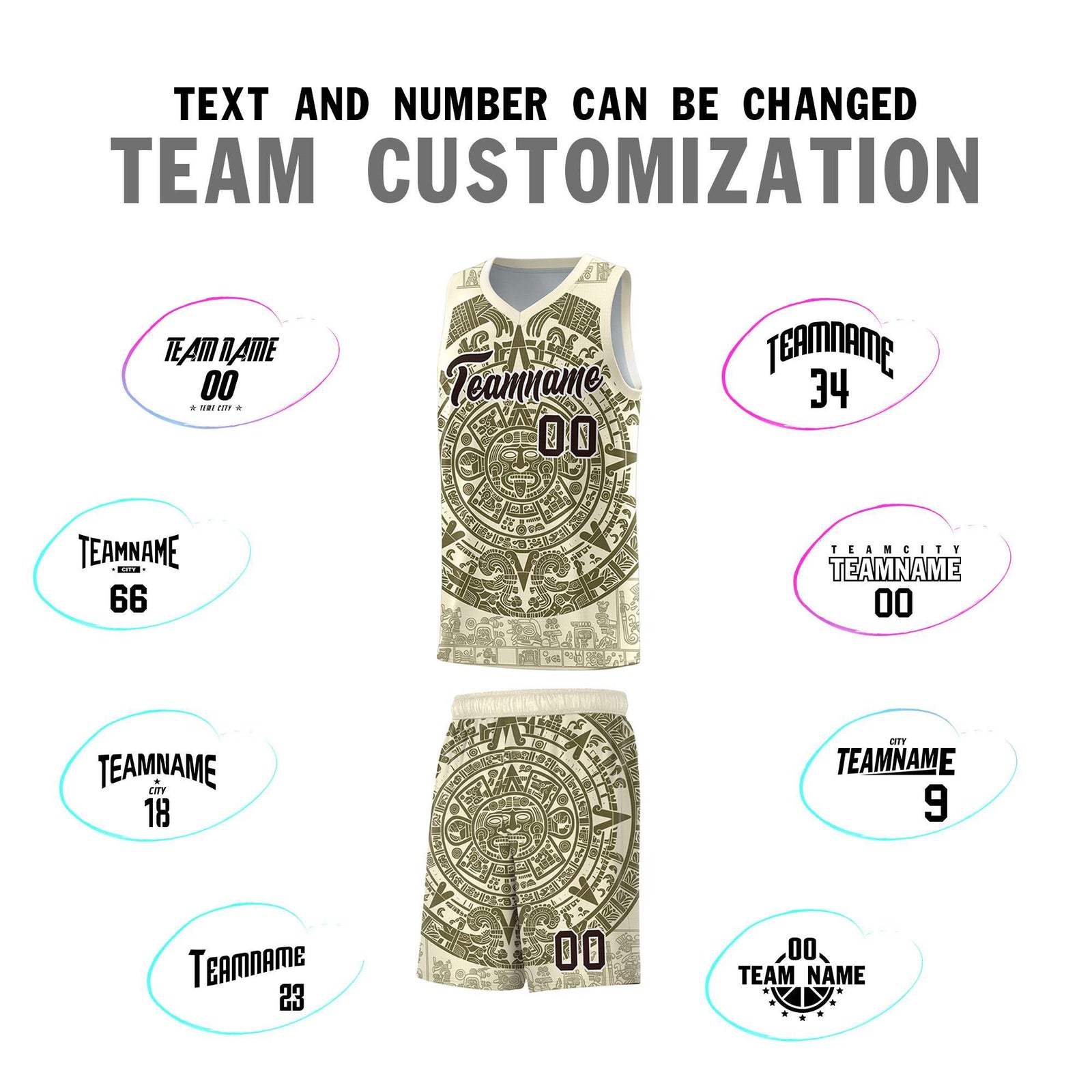 Custom Youth Basketball Jerseys Olive Aztec Sun Stone Personalized Uniform