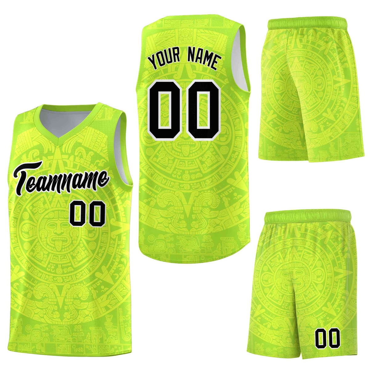 Custom Neon Green Fluorescent Green Aztec Sun Stone Graffiti Pattern Lightweight Uniform Basketball Jersey