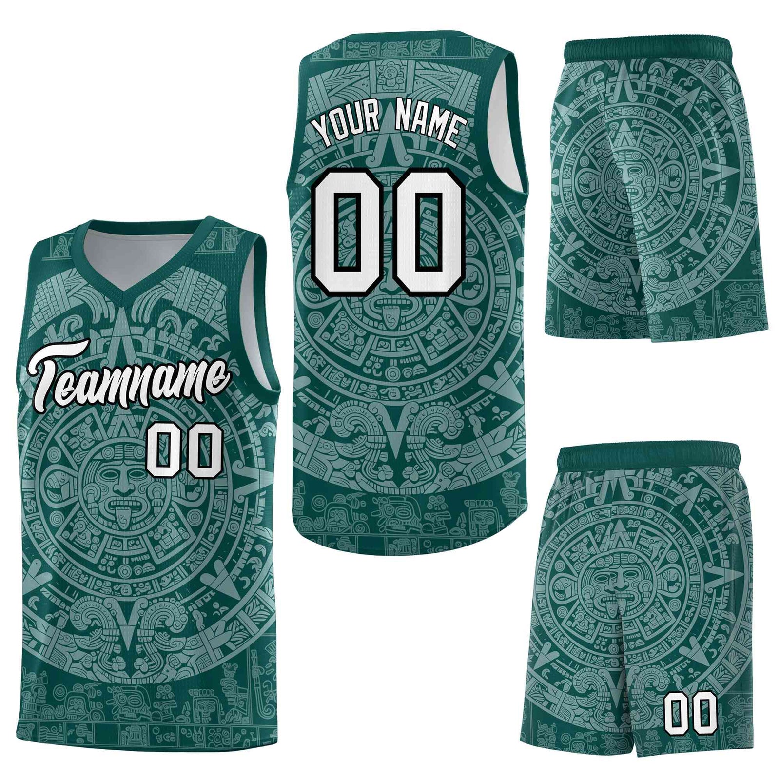 Custom Midnight Green White Aztec Sun Stone Graffiti Pattern Wrinkle-Resistant Uniform Basketball Jersey