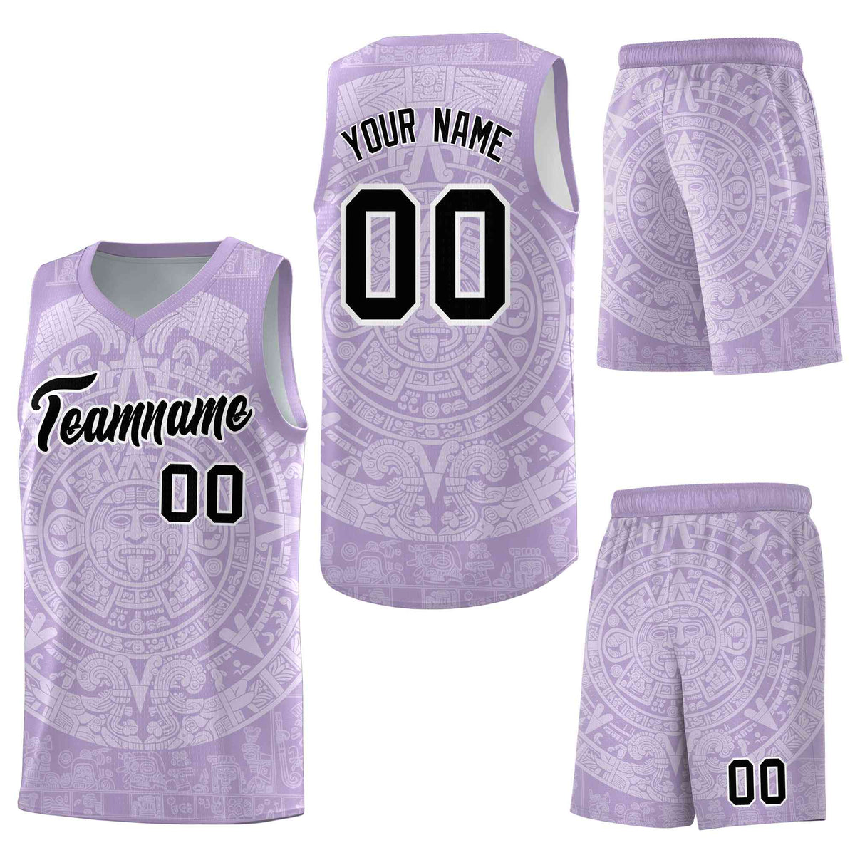 Custom Light Purple White Aztec Sun Stone Graffiti Pattern Drapable Uniform Basketball Jersey
