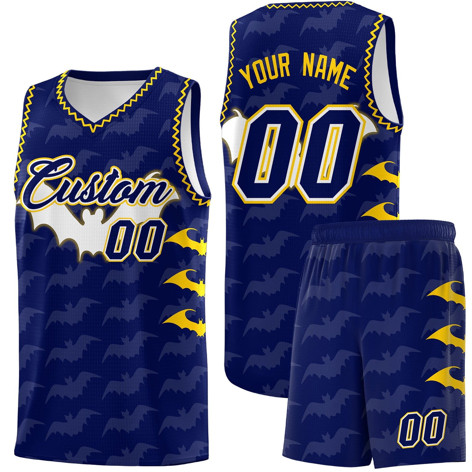Custom Navy Gold Bat Pattern Halloween Basketball Jersey | For Men,For Kid,For Youth,Sublimation Printed,Perfect for Training,Perfect for Parties,Add Name and Numbern | KXKSHOP