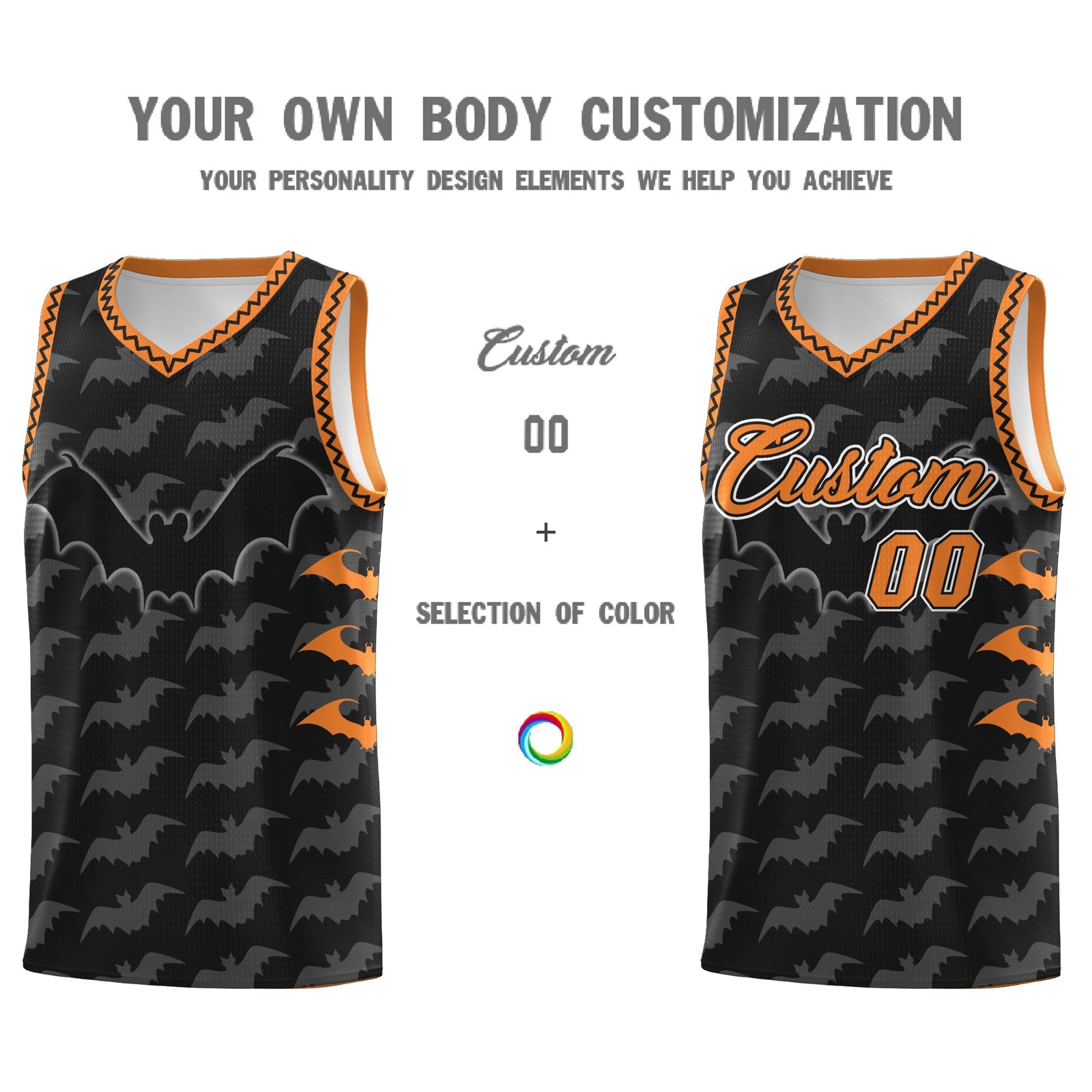 Custom Black Gold Orange Bat Pattern Halloween Basketball Jersey | For Men,For Kid,For Youth,Sublimation Printed,Perfect for Training,Perfect for Parties,Add Name and Numbern | KXKSHOP