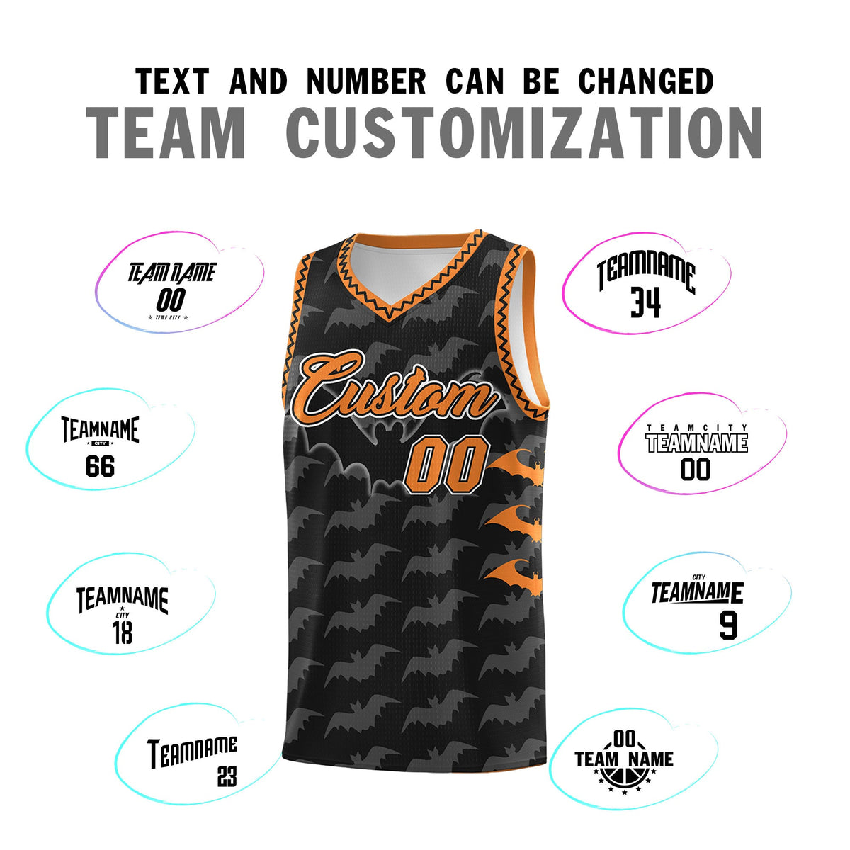 Custom Black Gold Orange Bat Pattern Halloween Basketball Jersey | For Men,For Kid,For Youth,Sublimation Printed,Perfect for Training,Perfect for Parties,Add Name and Numbern | KXKSHOP
