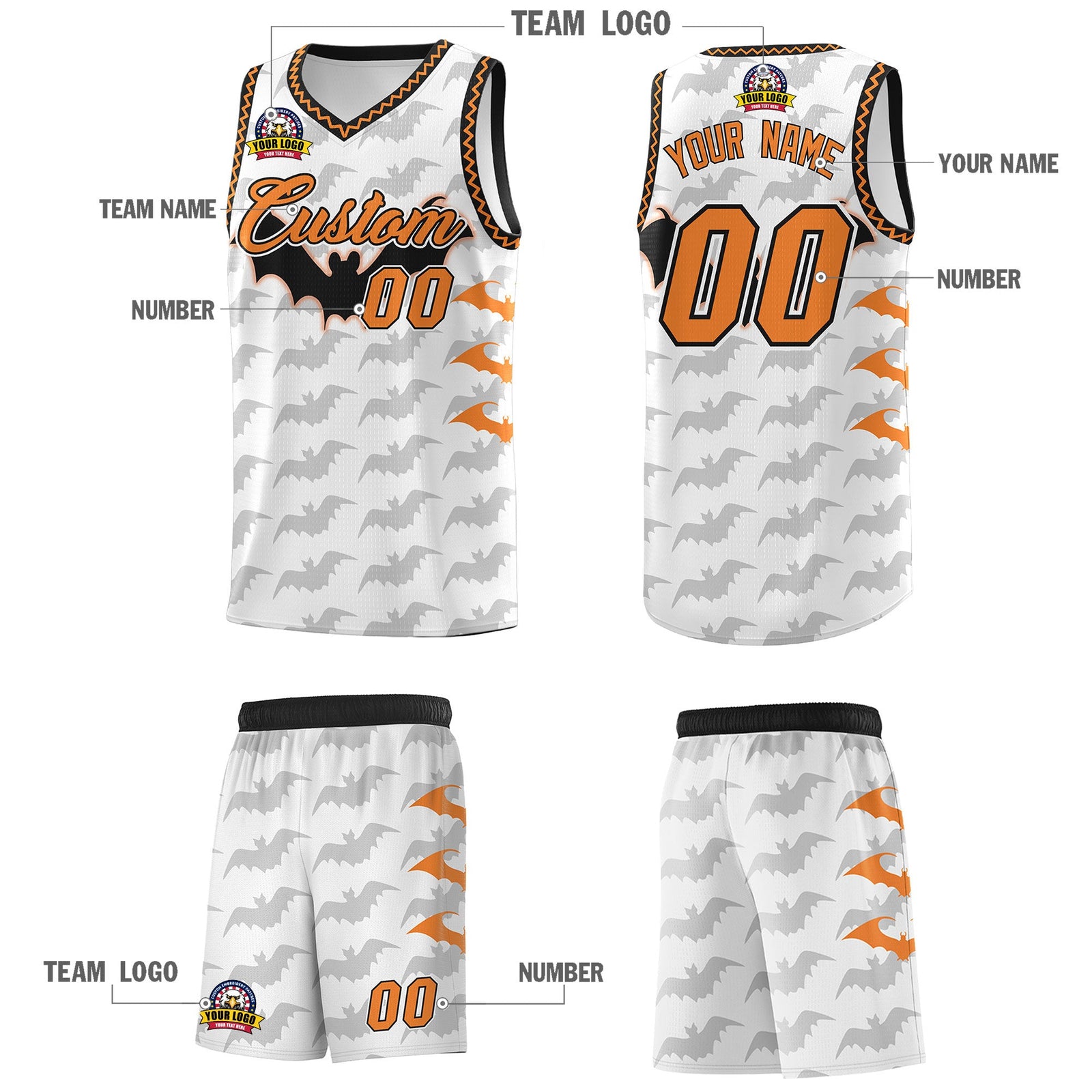 Custom White Black Bat Pattern Halloween Basketball Jersey | For Men,For Kid,For Youth,Sublimation Printed,Perfect for Training,Perfect for Parties,Add Name and Numbern | KXKSHOP