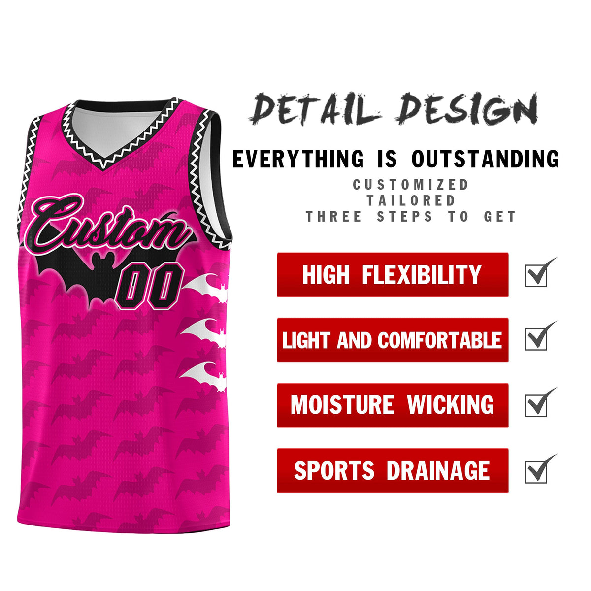 Custom Pink White Black Bat Pattern Halloween Basketball Jersey | For Men,For Kid,For Youth,Sublimation Printed,Perfect for Training,Perfect for Parties,Add Name and Numbern | KXKSHOP
