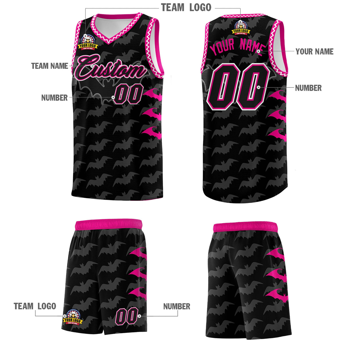 Custom Black White Bat Pattern Halloween Basketball Jersey | For Men,For Kid,For Youth,Sublimation Printed,Perfect for Training,Perfect for Parties,Add Name and Numbern | KXKSHOP