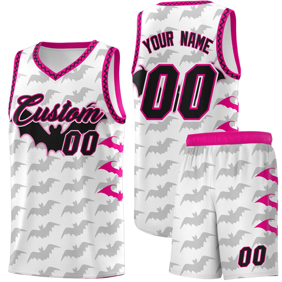 Custom White Pink Black Bat Pattern Halloween Basketball Jersey | For Men,For Kid,For Youth,Sublimation Printed,Perfect for Training,Perfect for Parties,Add Name and Numbern | KXKSHOP