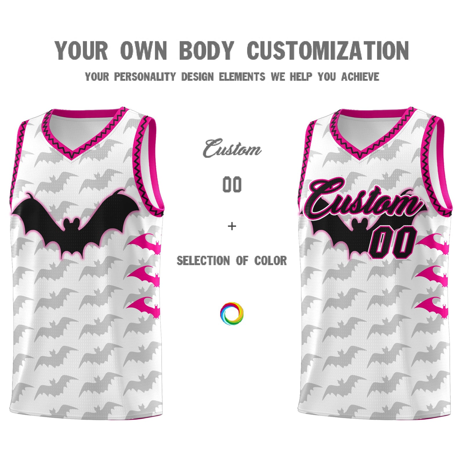 Custom White Pink Black Bat Pattern Halloween Basketball Jersey | For Men,For Kid,For Youth,Sublimation Printed,Perfect for Training,Perfect for Parties,Add Name and Numbern | KXKSHOP