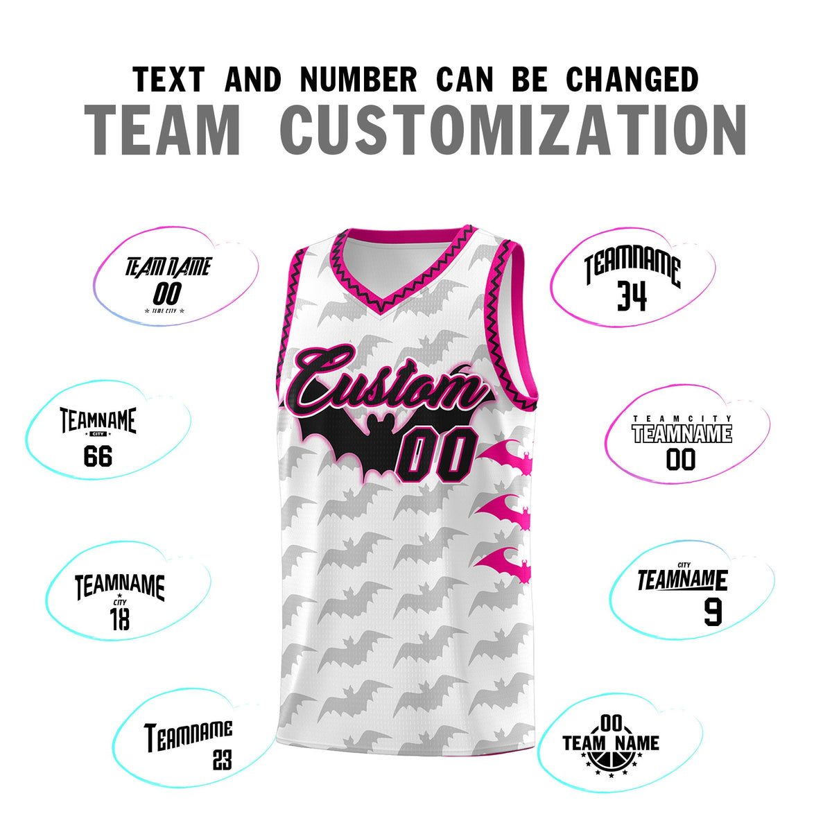 Custom White Pink Black Bat Pattern Halloween Basketball Jersey | For Men,For Kid,For Youth,Sublimation Printed,Perfect for Training,Perfect for Parties,Add Name and Numbern | KXKSHOP