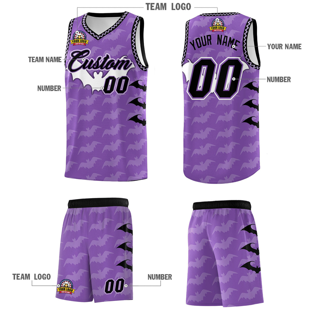 Custom Light Purple Bat Pattern Halloween Basketball Jersey | For Men,For Kid,For Youth,Sublimation Printed,Perfect for Training,Perfect for Parties,Add Name and Numbern | KXKSHOP