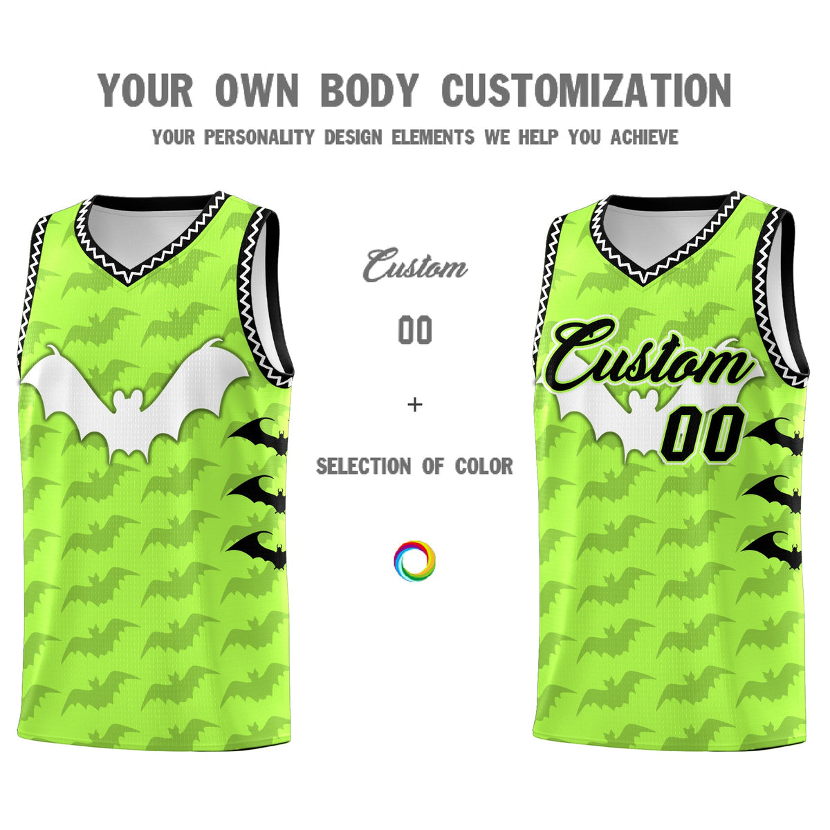 Custom Fluorescent Green White Bat Pattern Halloween Basketball Jersey | For Men,For Kid,For Youth,Sublimation Printed,Perfect for Training,Perfect for Parties,Add Name and Numbern | KXKSHOP