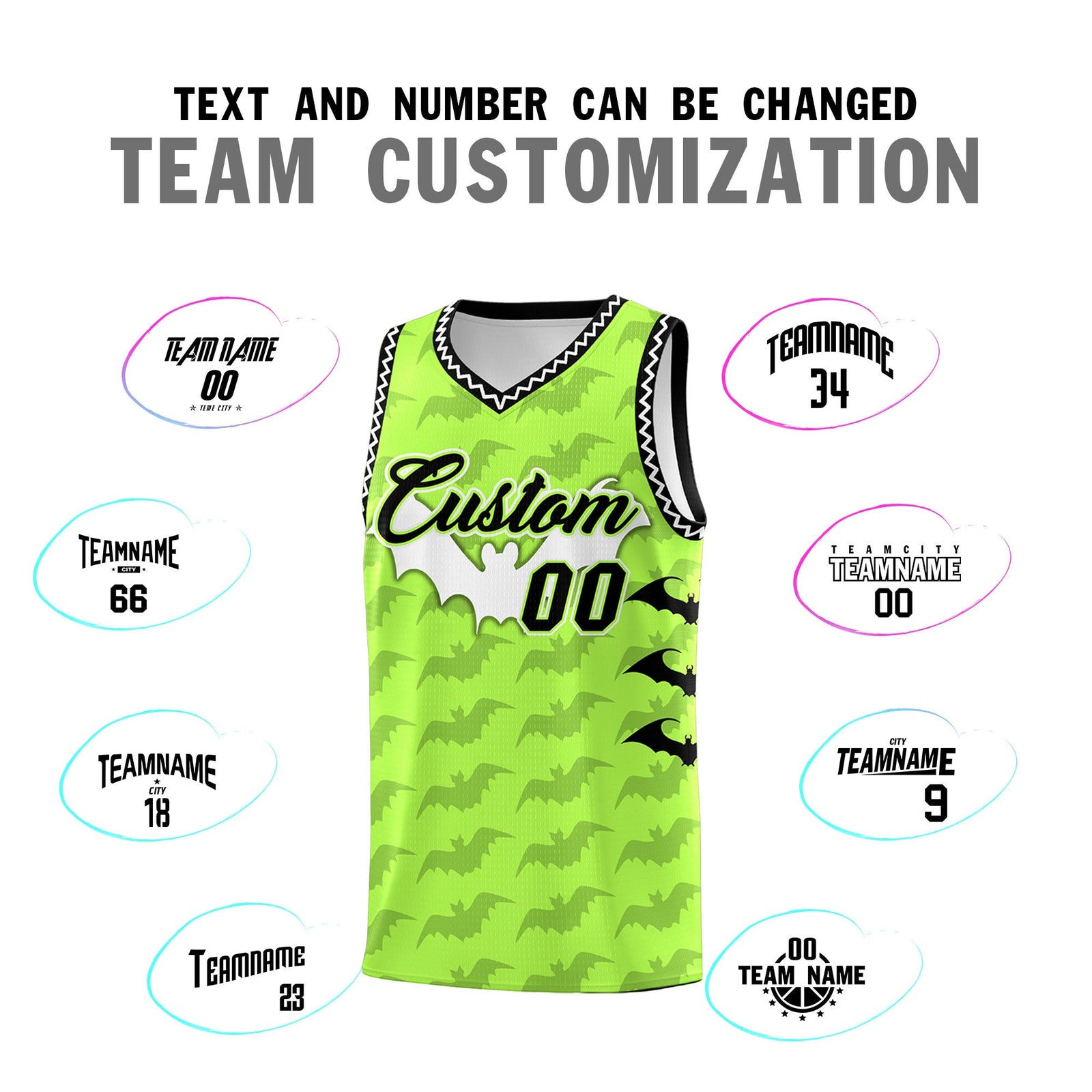 Custom Fluorescent Green White Bat Pattern Halloween Basketball Jersey | For Men,For Kid,For Youth,Sublimation Printed,Perfect for Training,Perfect for Parties,Add Name and Numbern | KXKSHOP