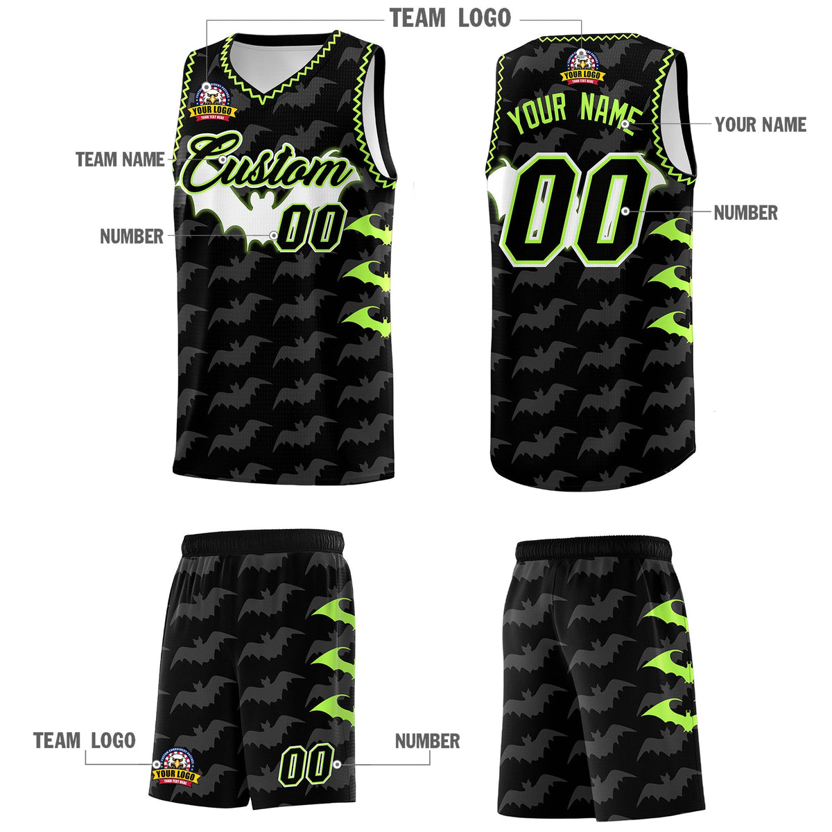 Custom Black Fluorescent Green Bat Pattern Halloween Basketball Jersey | For Men,For Kid,For Youth,Sublimation Printed,Perfect for Training,Perfect for Parties,Add Name and Numbern | KXKSHOP