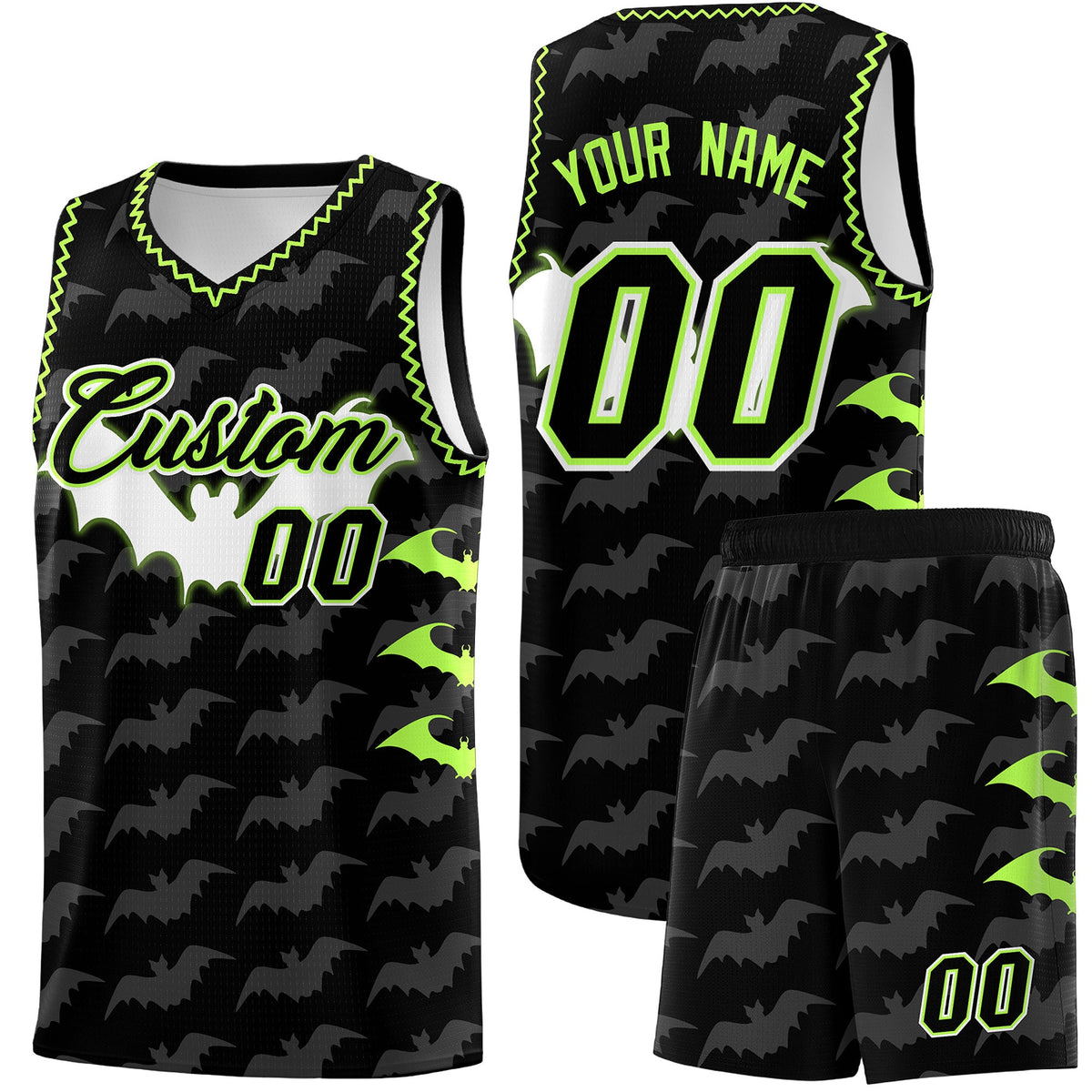 Custom Black Fluorescent Green Bat Pattern Halloween Basketball Jersey | For Men,For Kid,For Youth,Sublimation Printed,Perfect for Training,Perfect for Parties,Add Name and Numbern | KXKSHOP