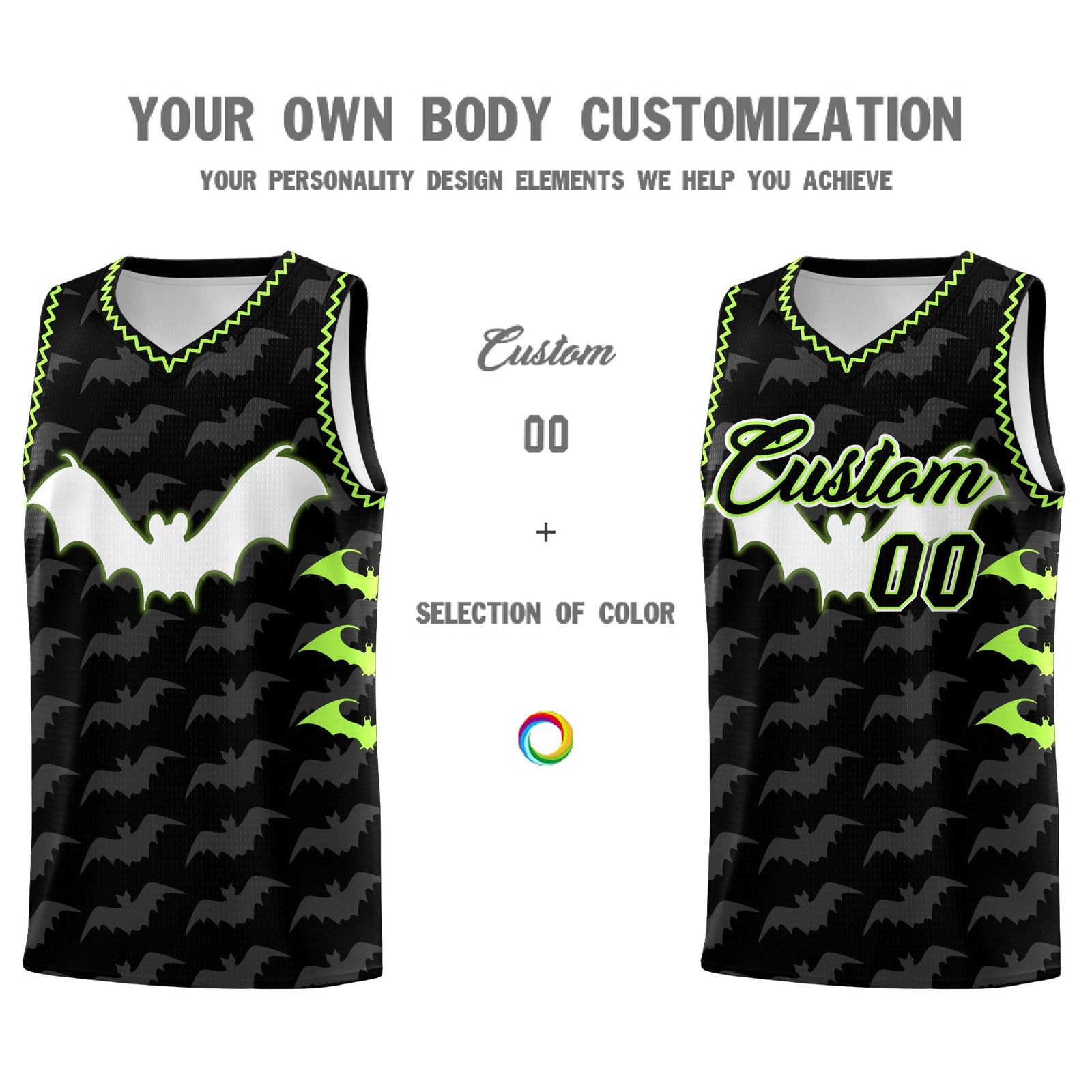 Custom Black Fluorescent Green Bat Pattern Halloween Basketball Jersey | For Men,For Kid,For Youth,Sublimation Printed,Perfect for Training,Perfect for Parties,Add Name and Numbern | KXKSHOP