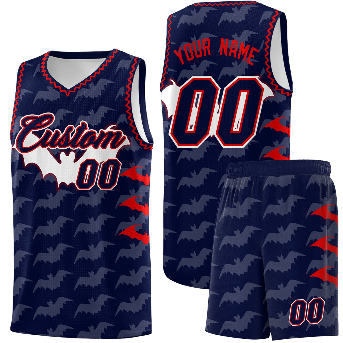 Custom Navy Red Bat Pattern Halloween Basketball Jersey | For Men,For Kid,For Youth,Sublimation Printed,Perfect for Training,Perfect for Parties,Add Name and Numbern | KXKSHOP