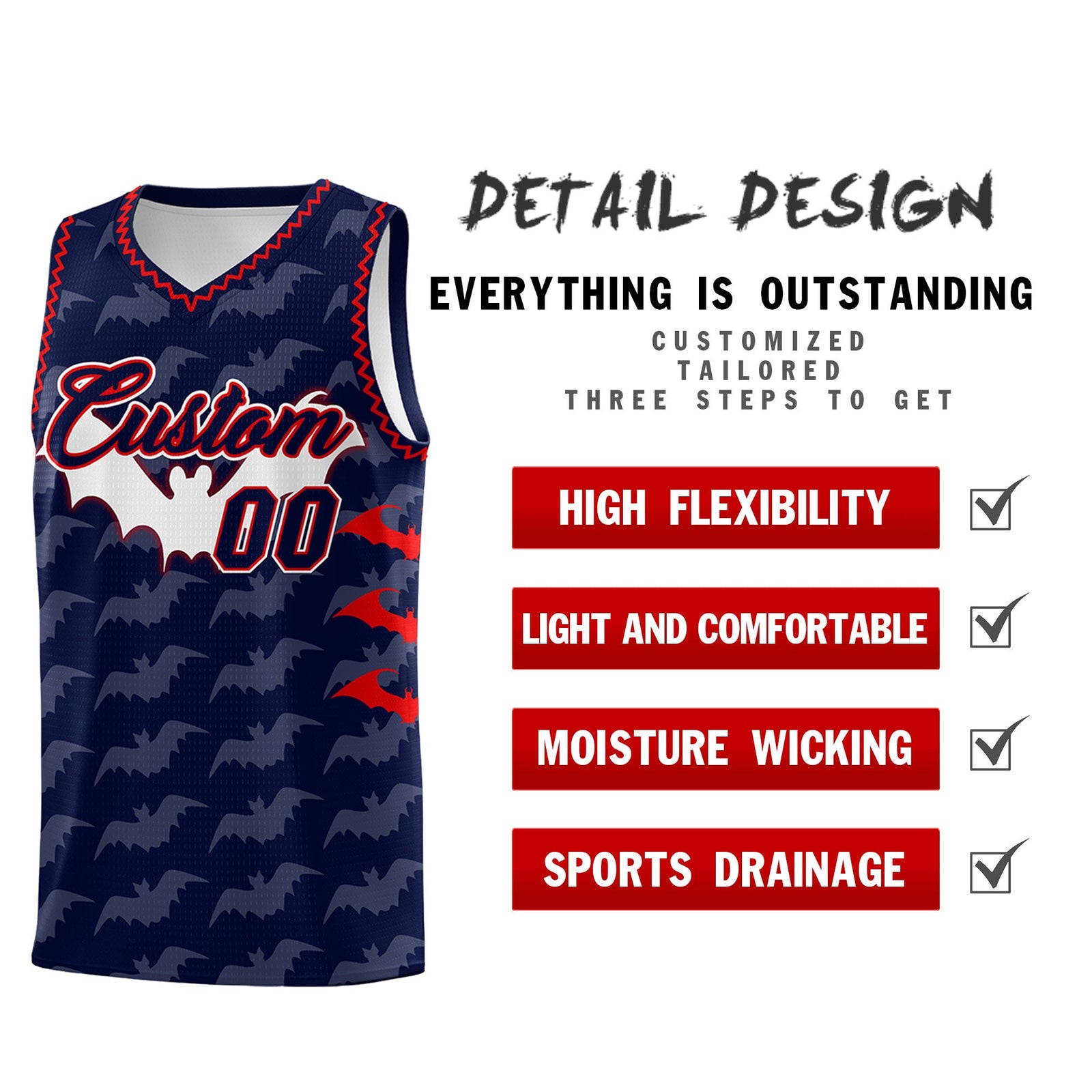 Custom Navy Red Bat Pattern Halloween Basketball Jersey | For Men,For Kid,For Youth,Sublimation Printed,Perfect for Training,Perfect for Parties,Add Name and Numbern | KXKSHOP