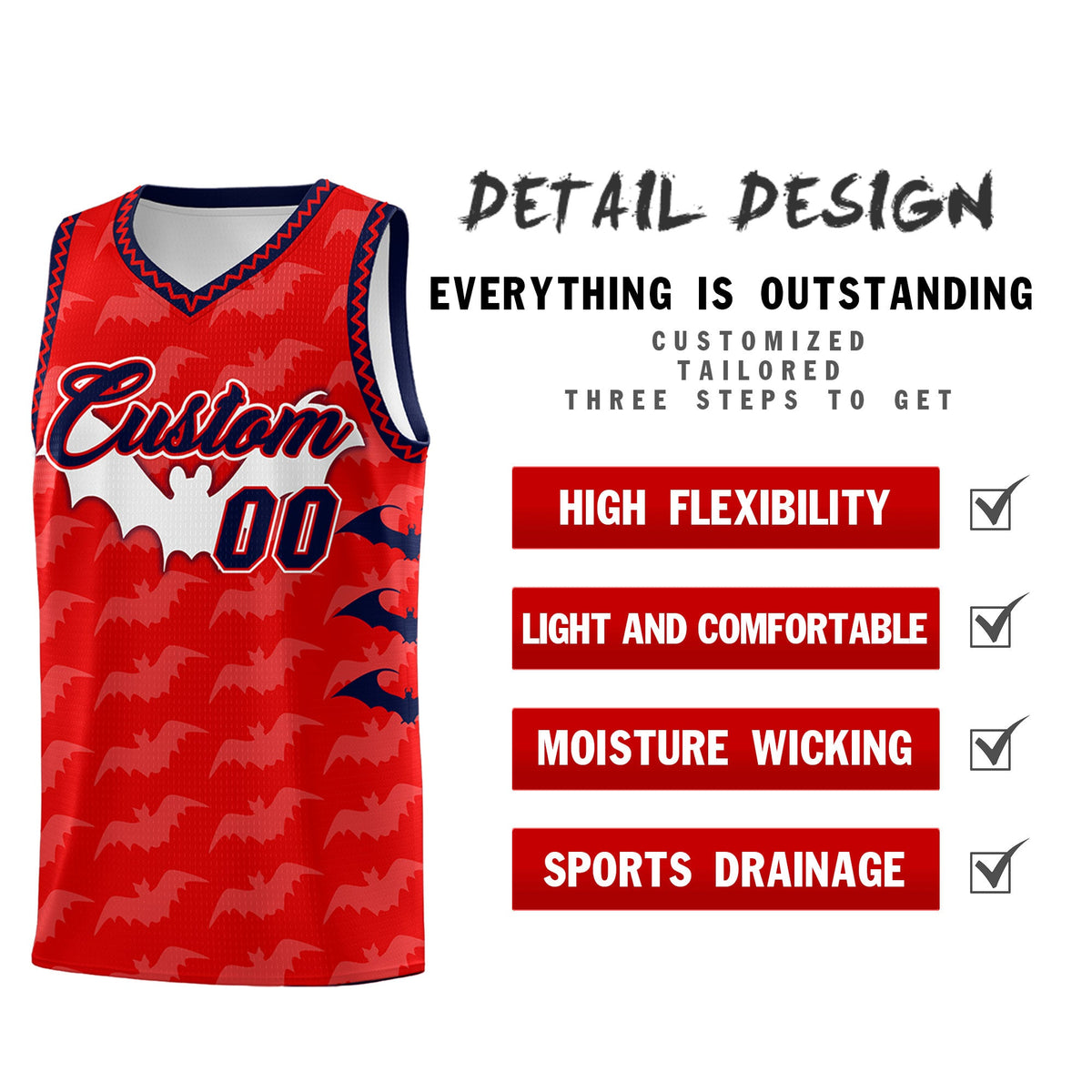 Custom Red White Navy Bat Pattern Halloween Basketball Jersey | For Men,For Kid,For Youth,Sublimation Printed,Perfect for Training,Perfect for Parties,Add Name and Numbern | KXKSHOP