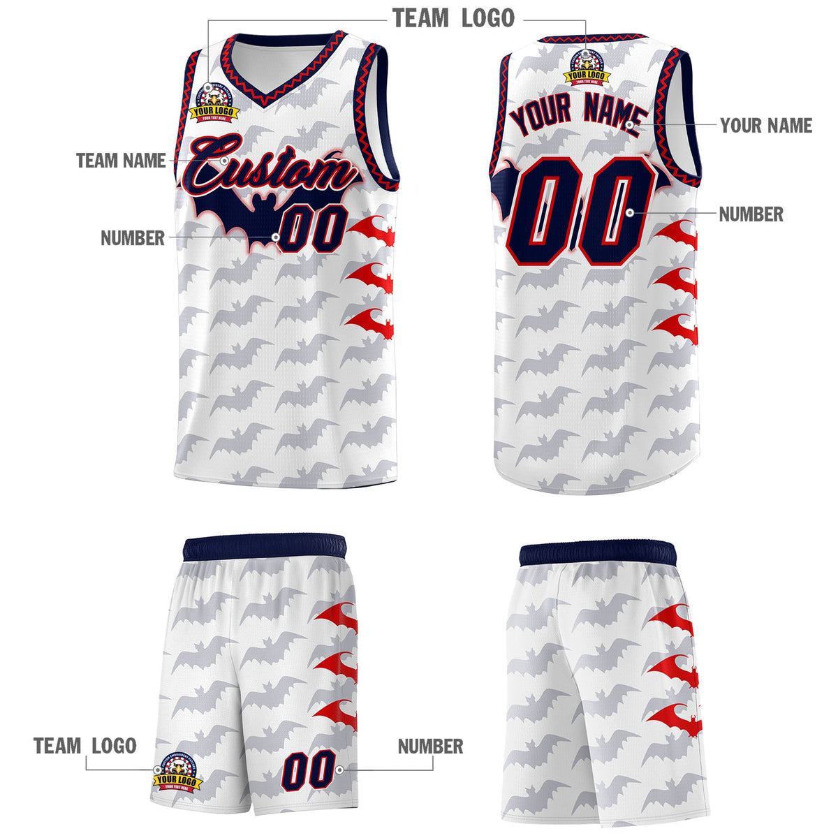 Custom White Red Navy Bat Pattern Halloween Basketball Jersey | For Men,For Kid,For Youth,Sublimation Printed,Perfect for Training,Perfect for Parties,Add Name and Numbern | KXKSHOP