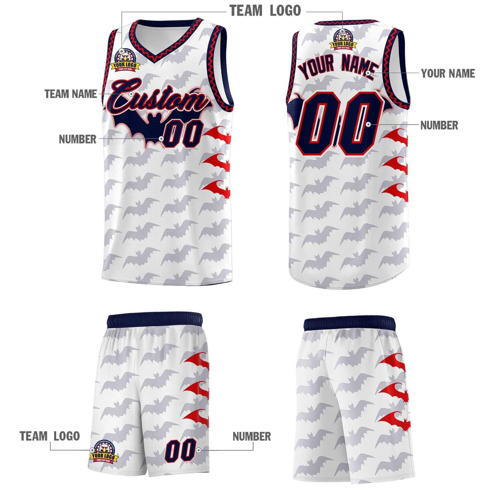 Custom White Red Navy Bat Pattern Halloween Basketball Jersey | For Men,For Kid,For Youth,Sublimation Printed,Perfect for Training,Perfect for Parties,Add Name and Numbern | KXKSHOP