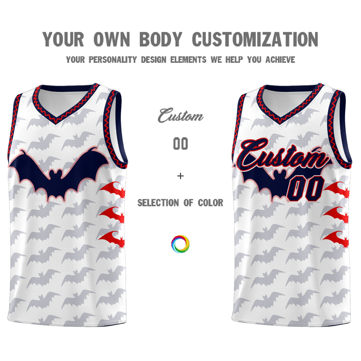 Custom White Red Navy Bat Pattern Halloween Basketball Jersey | For Men,For Kid,For Youth,Sublimation Printed,Perfect for Training,Perfect for Parties,Add Name and Numbern | KXKSHOP