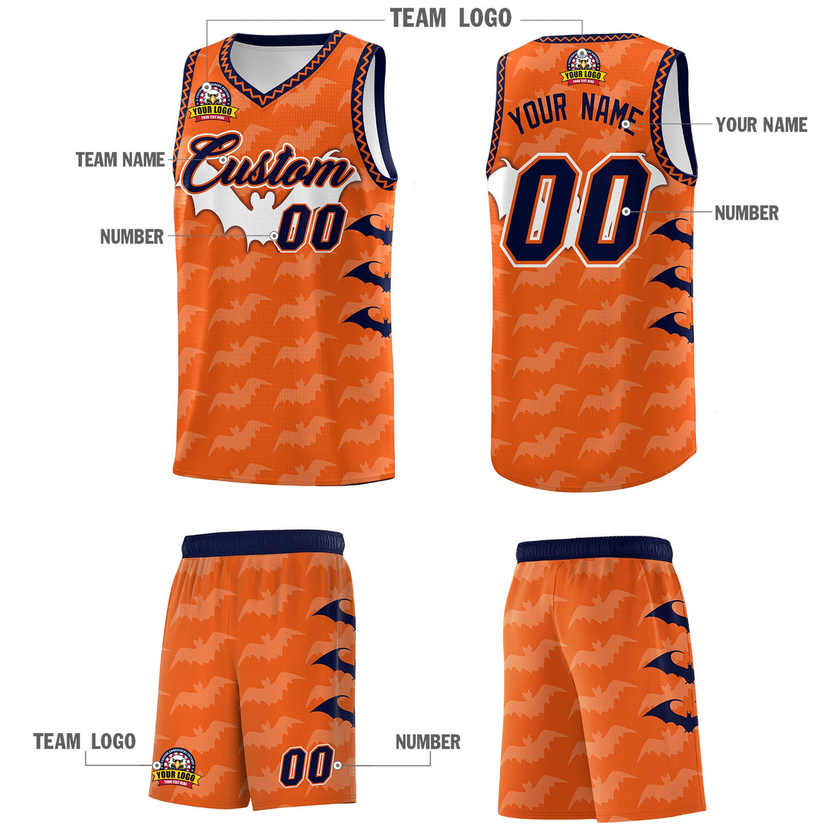 Custom Orange Navy Bat Pattern Halloween Basketball Jersey | For Men,For Kid,For Youth,Sublimation Printed,Perfect for Training,Perfect for Parties,Add Name and Numbern | KXKSHOP