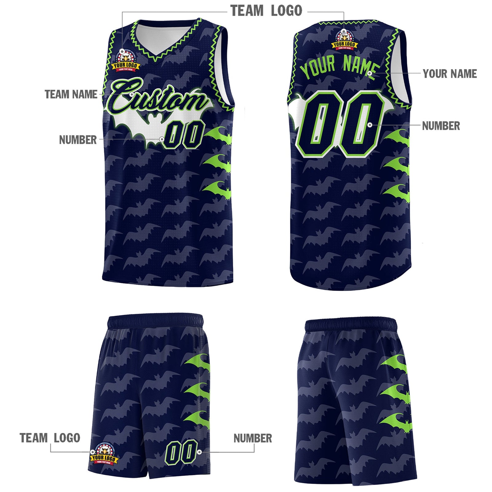 Custom Navy Fluorescent Green Bat Pattern Halloween Basketball Jersey | For Men,For Kid,For Youth,Sublimation Printed,Perfect for Training,Perfect for Parties,Add Name and Numbern | KXKSHOP