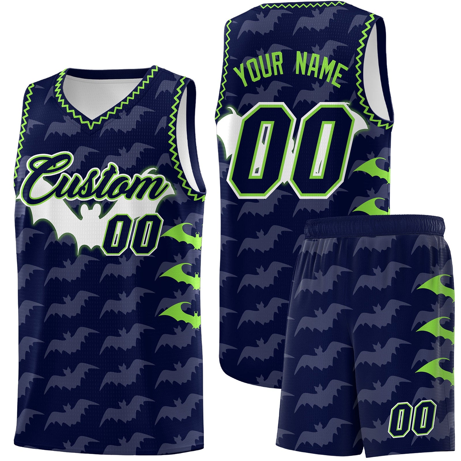 Custom Navy Fluorescent Green Bat Pattern Halloween Basketball Jersey | For Men,For Kid,For Youth,Sublimation Printed,Perfect for Training,Perfect for Parties,Add Name and Numbern | KXKSHOP